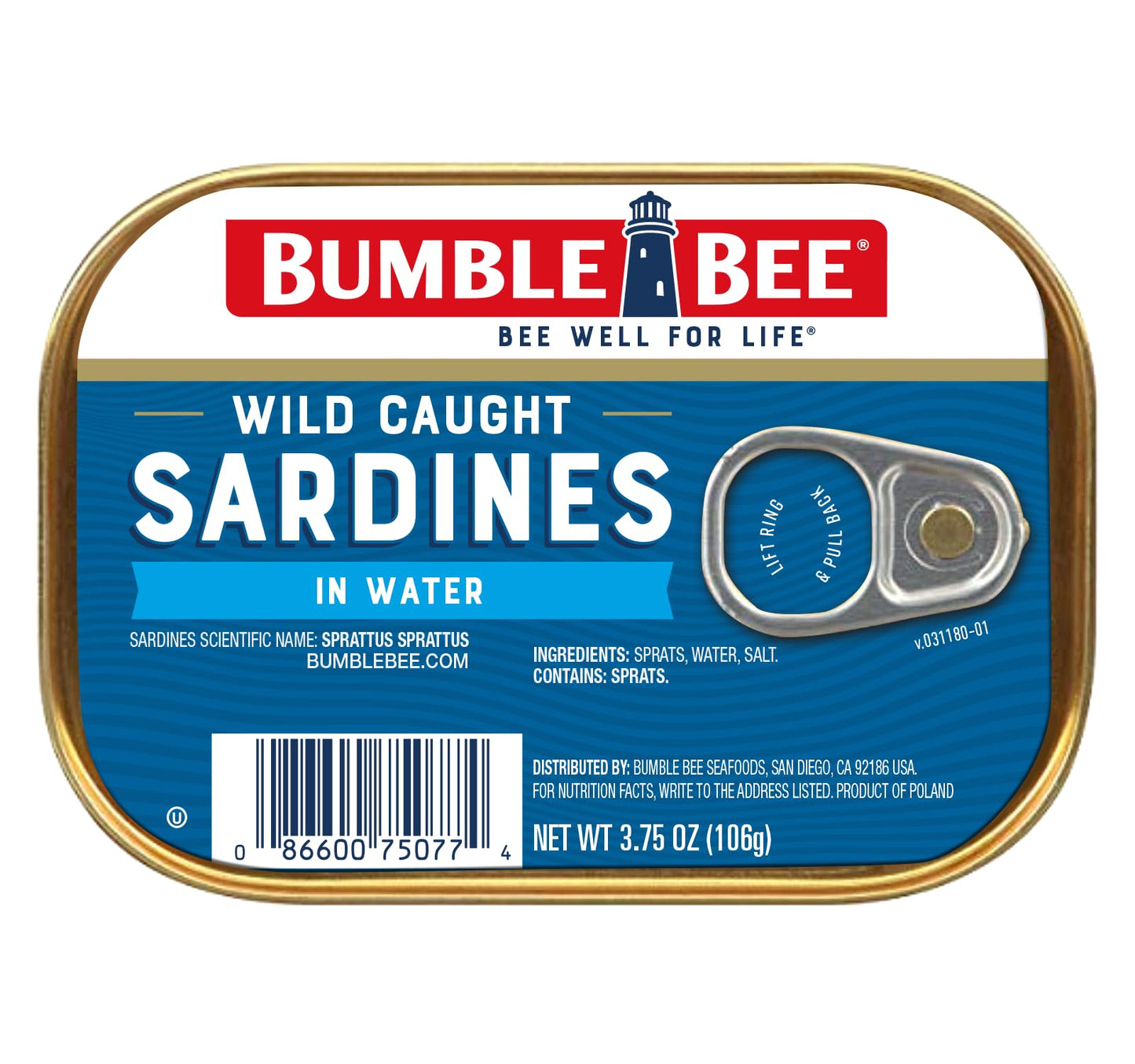 Bumble Bee Sardines in Water, 3.75 oz Tin - Wild Caught, Gluten Free, Keto, Kosher, Clean Ingredients