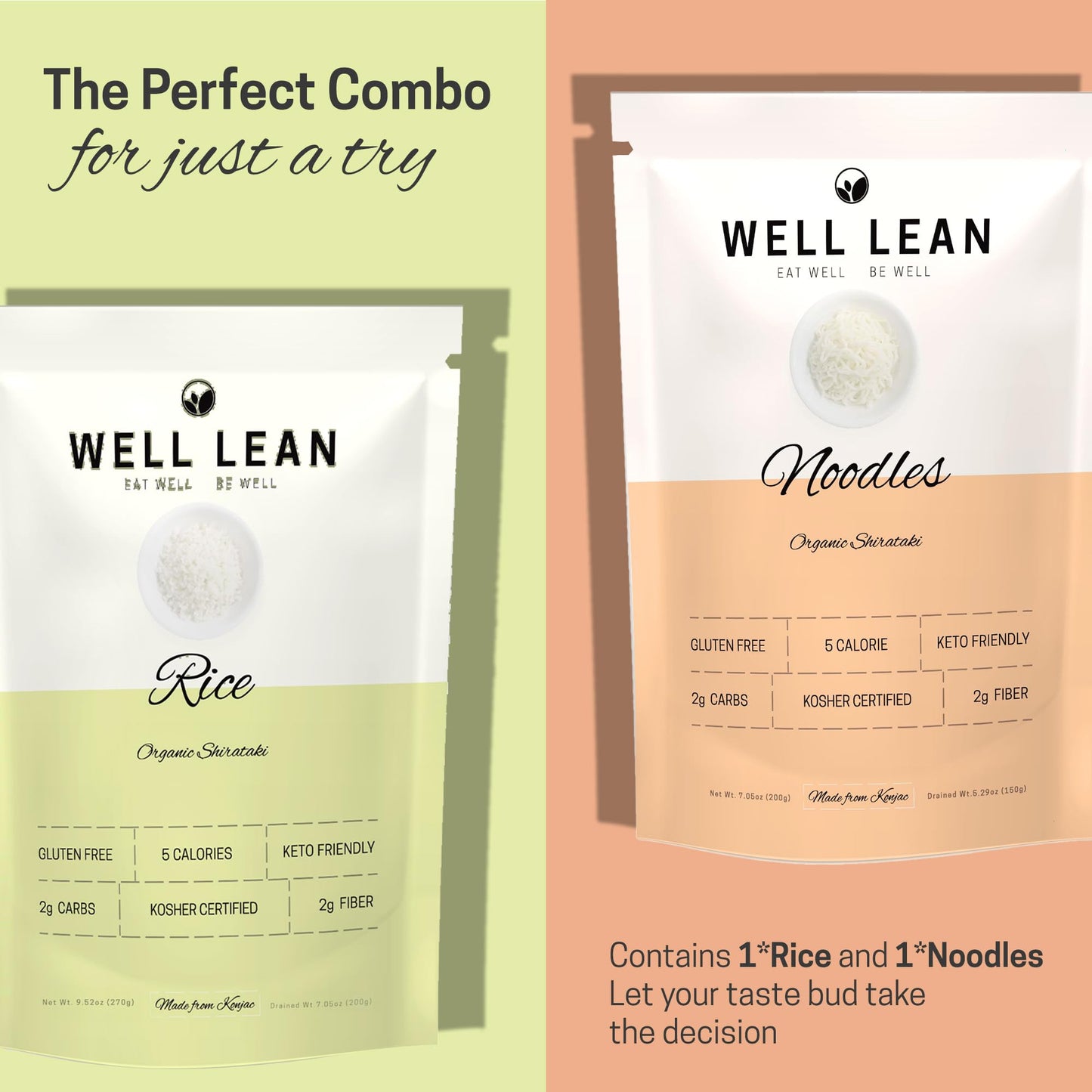Well Lean Organic Konjac Noodles & Rice - 2-Pack Trial - Low Carb, Keto-Friendly, Plant-Based - 100% Usda Organic Shirataki - He