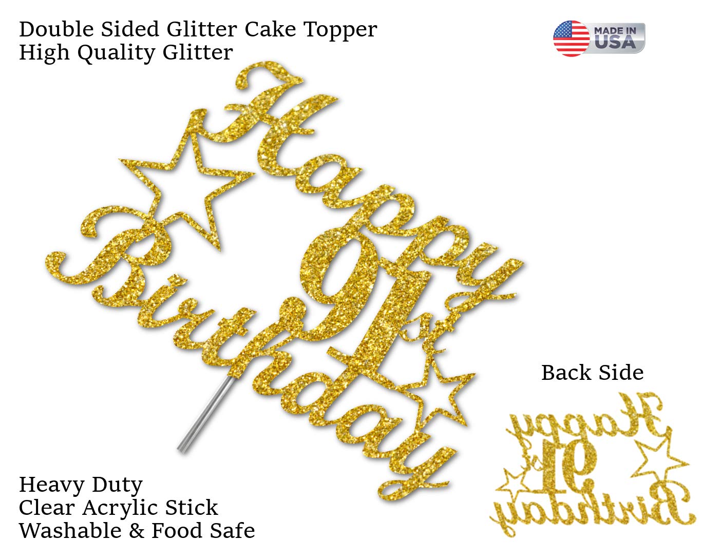 91 Birthday Cake Topper Gold Glitter, Party Decoration Ideas, Premium Quality, Sturdy Doubled Sided Glitter, Acrylic Stick. Made