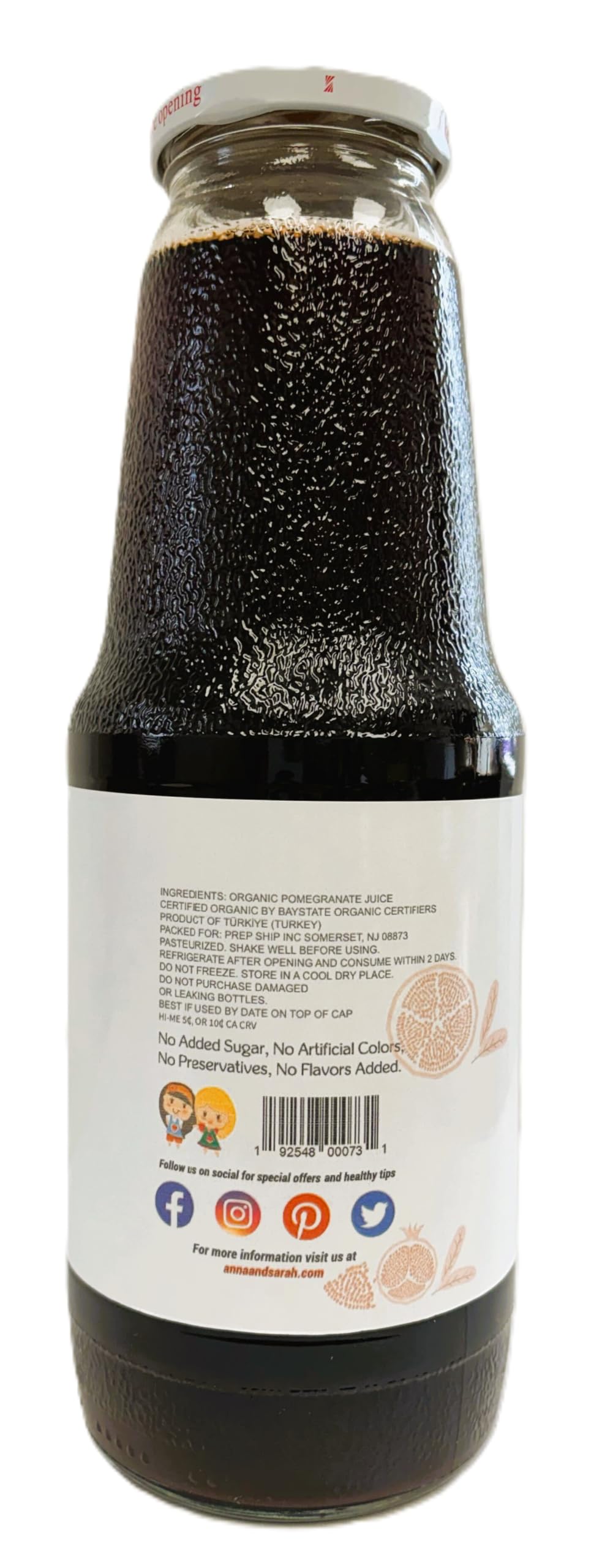 Anna And Sarah 33.8 Oz Organic Pomegranate Juice - Usda Organic Certified - Glass Bottle (6 Pack) No Sugar, No Artificial Colors