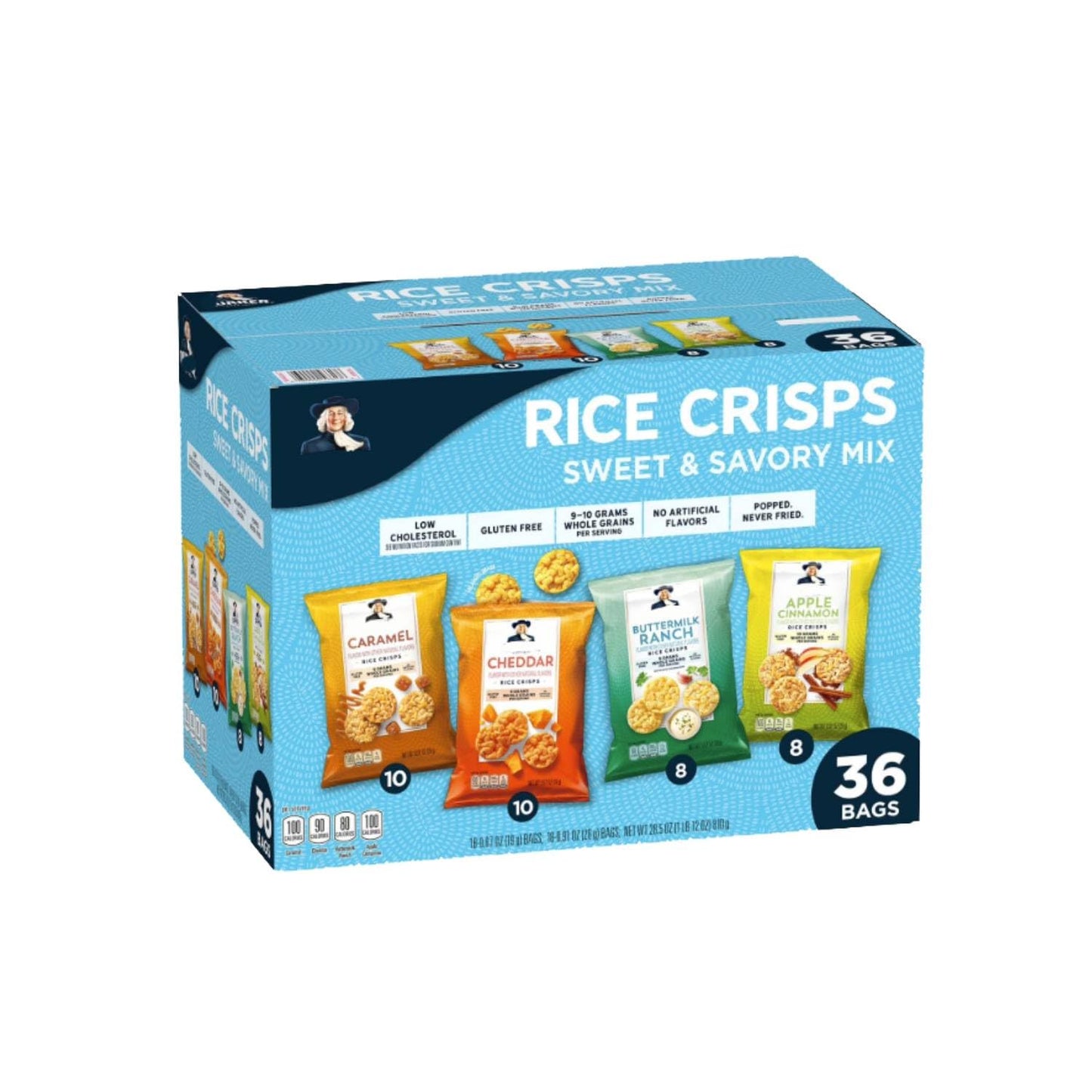 Quakkers Rice Crisps Variety Pack 36 Count, 4 Flavor Sweet and Savory Variety Mix Pack of 1