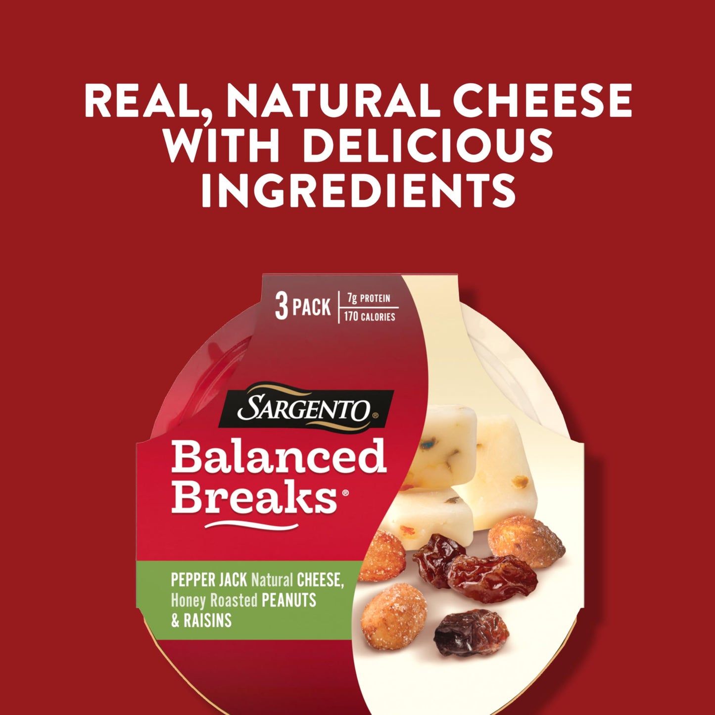 Sargento Balanced Breaks Natural Pepper Jack Cheese, Honey Roasted Peanuts and Raisins Snack Kit, 3-Pack