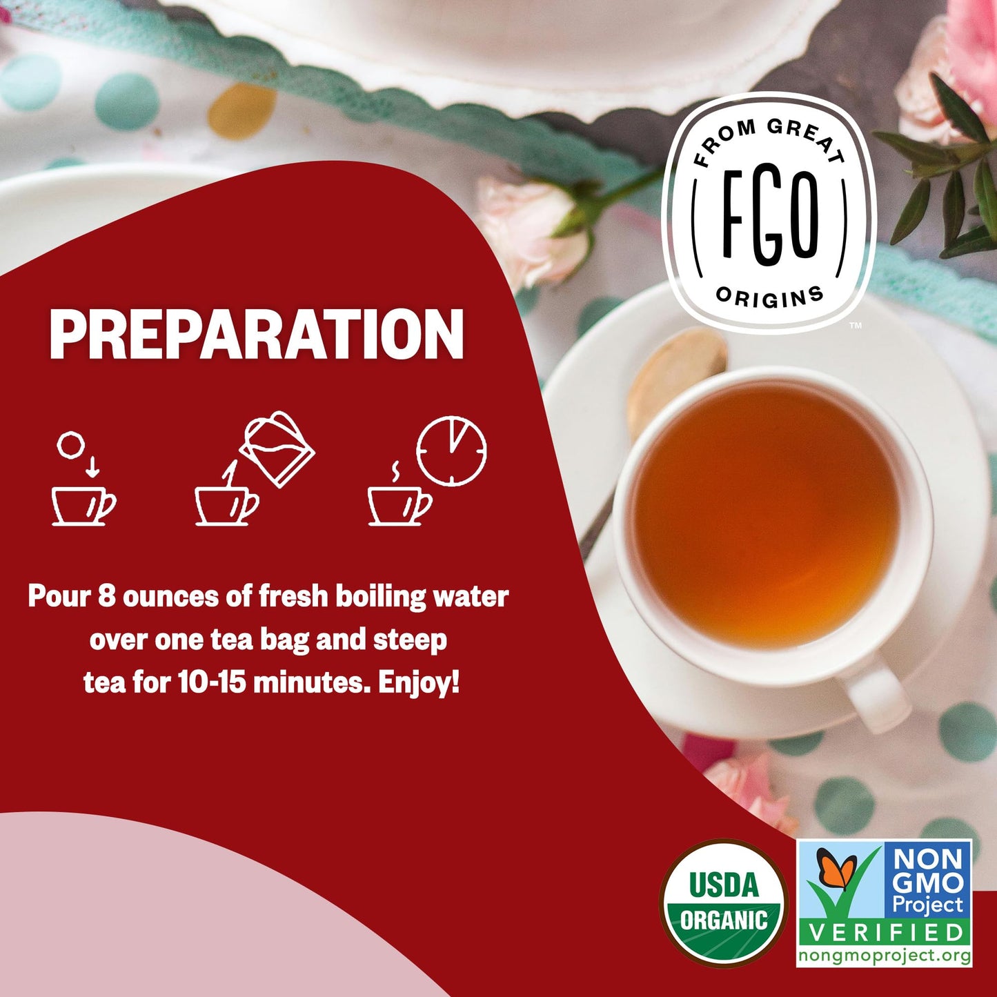 FGO Organic Rosehips Tea Bags, Eco-Conscious, 20 Count, Pack of 1