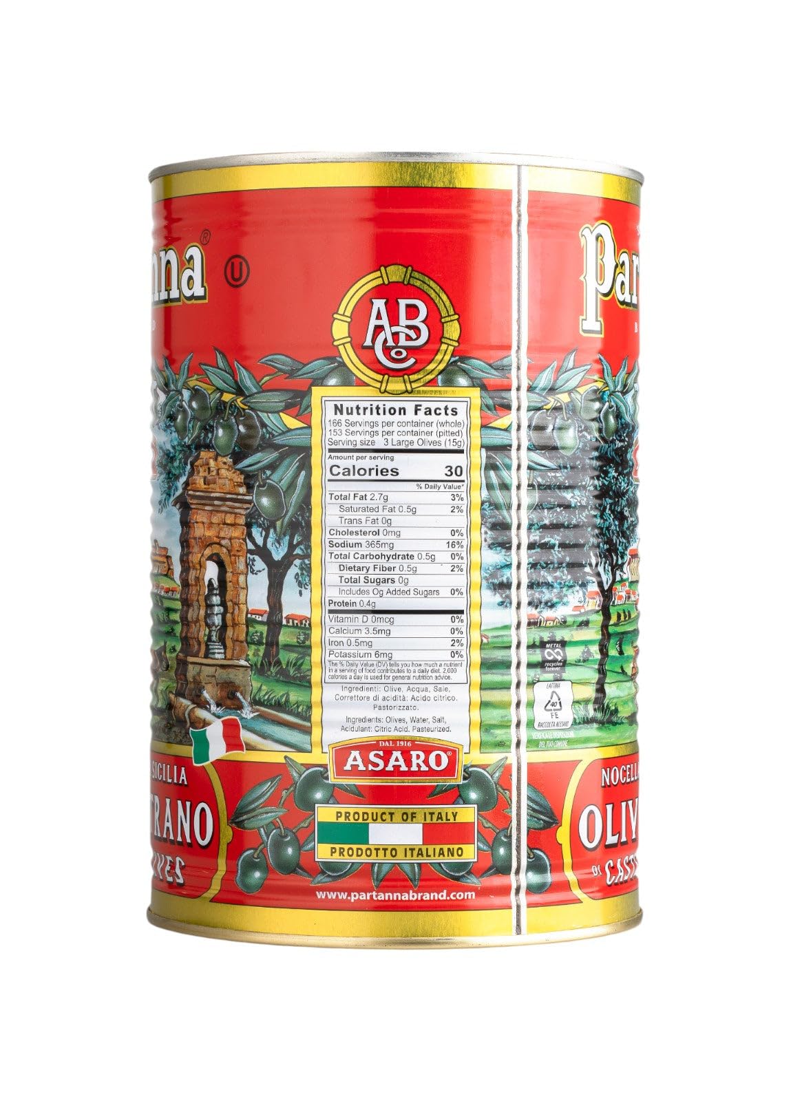 Partanna Whole Castelvetrano Olives - Authentic Sicilian - 5.5 LB Can - Premium Handpicked Imported Olives