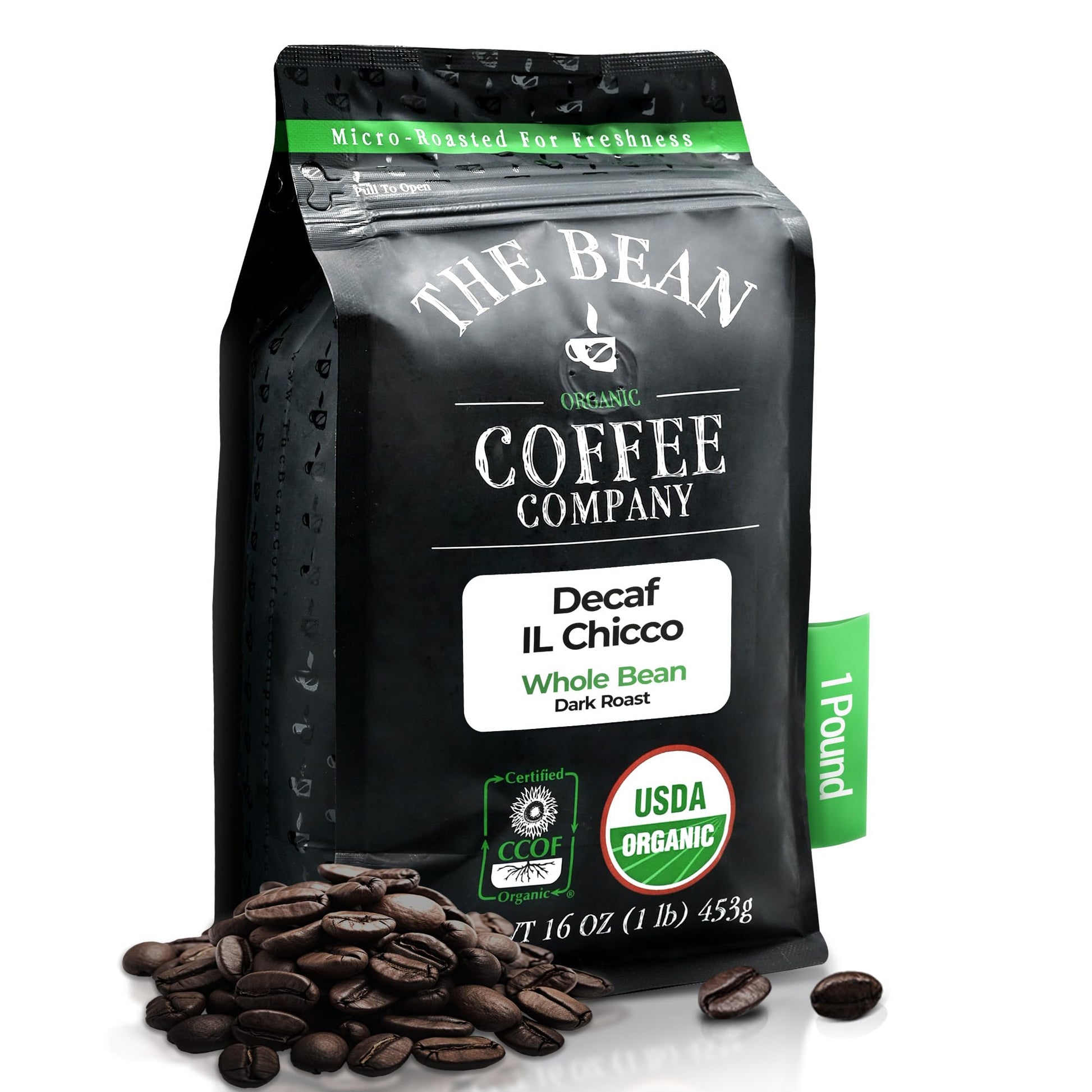 The Bean Organic Coffee Company Water Processed DECAF IL Chicco (Traditional Italian Roast), Dark Roast, Whole Bean Coffee, 16-O