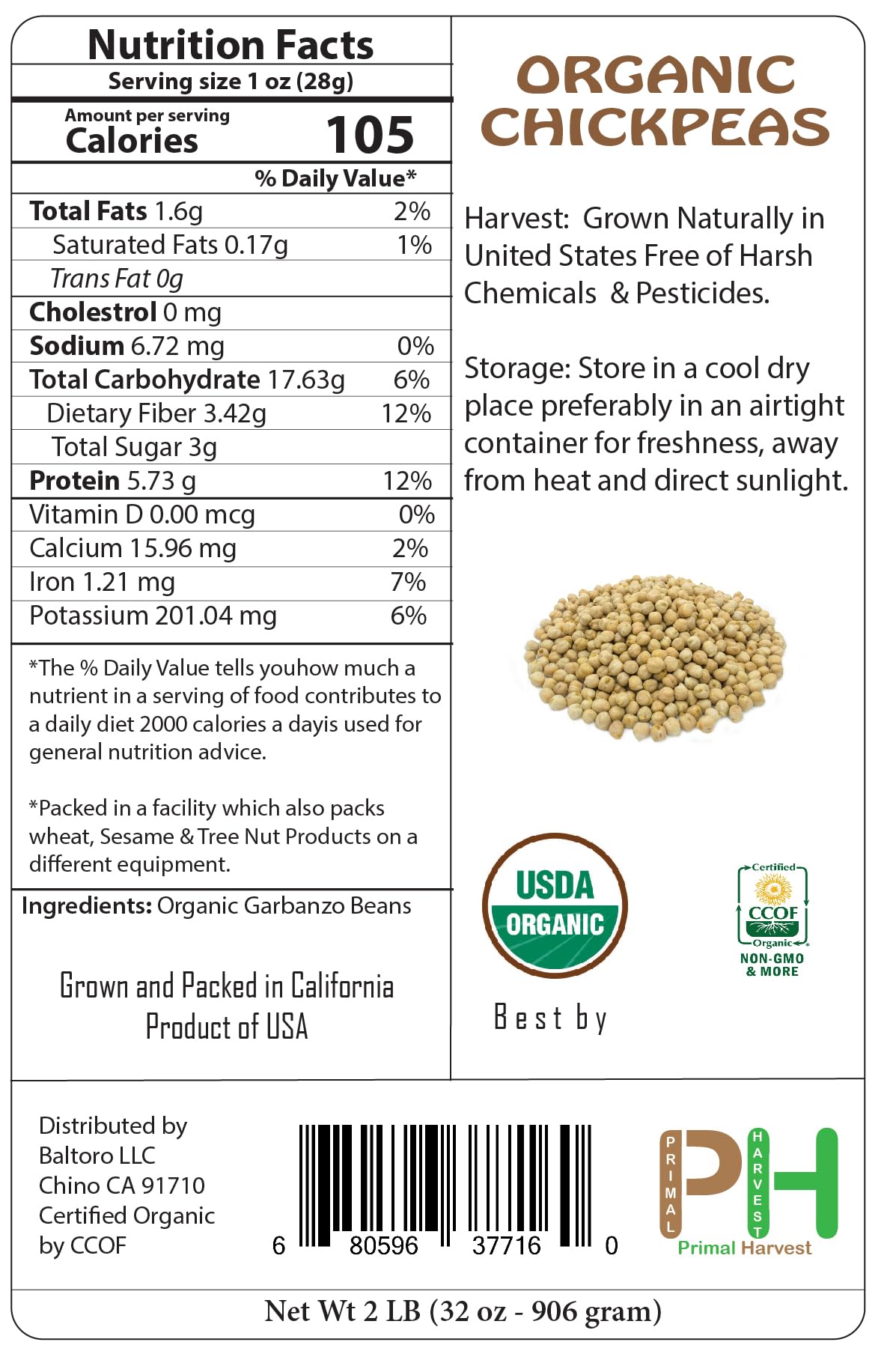 Organic Garbanzo Beans (ChickPeas)-Raw/Non-GMO/Kosher Sproutable Low Sodium Bulk Vegan Dietary Fiber (7 LB)