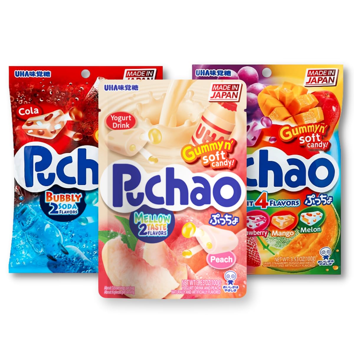 Japanese Chew Puchao Soft Candy - 3 Flavor Pack: Peach & Yogurt  Ramune & Cola  Tropical Fruit Mix With Gummy Bits - 3.53Oz Each  Pack Of 3