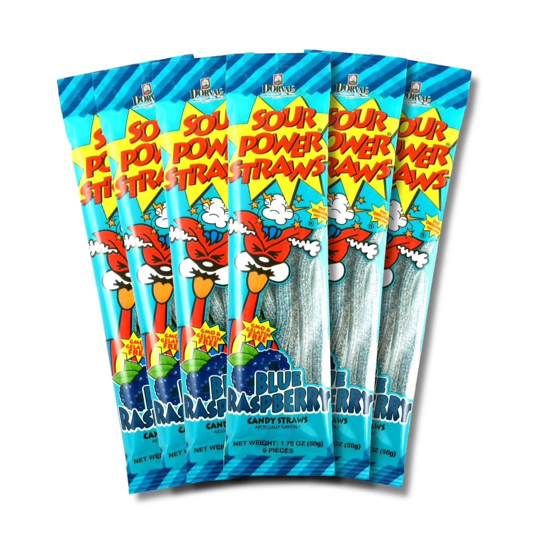 Sour Power Blue Raspberry Candy Straws – Vegan, Non-GMO, Gelatin Free – 1.75 oz (Pack of 6)