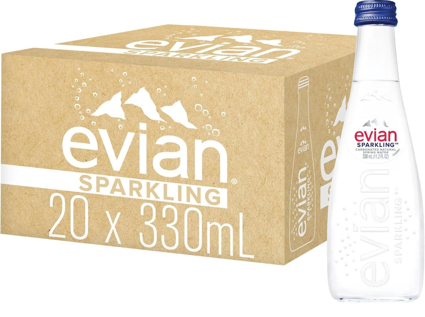 evian Sparkling Carbonated Natural Water 330ml Glass Bottle, Case of 20 Bottles