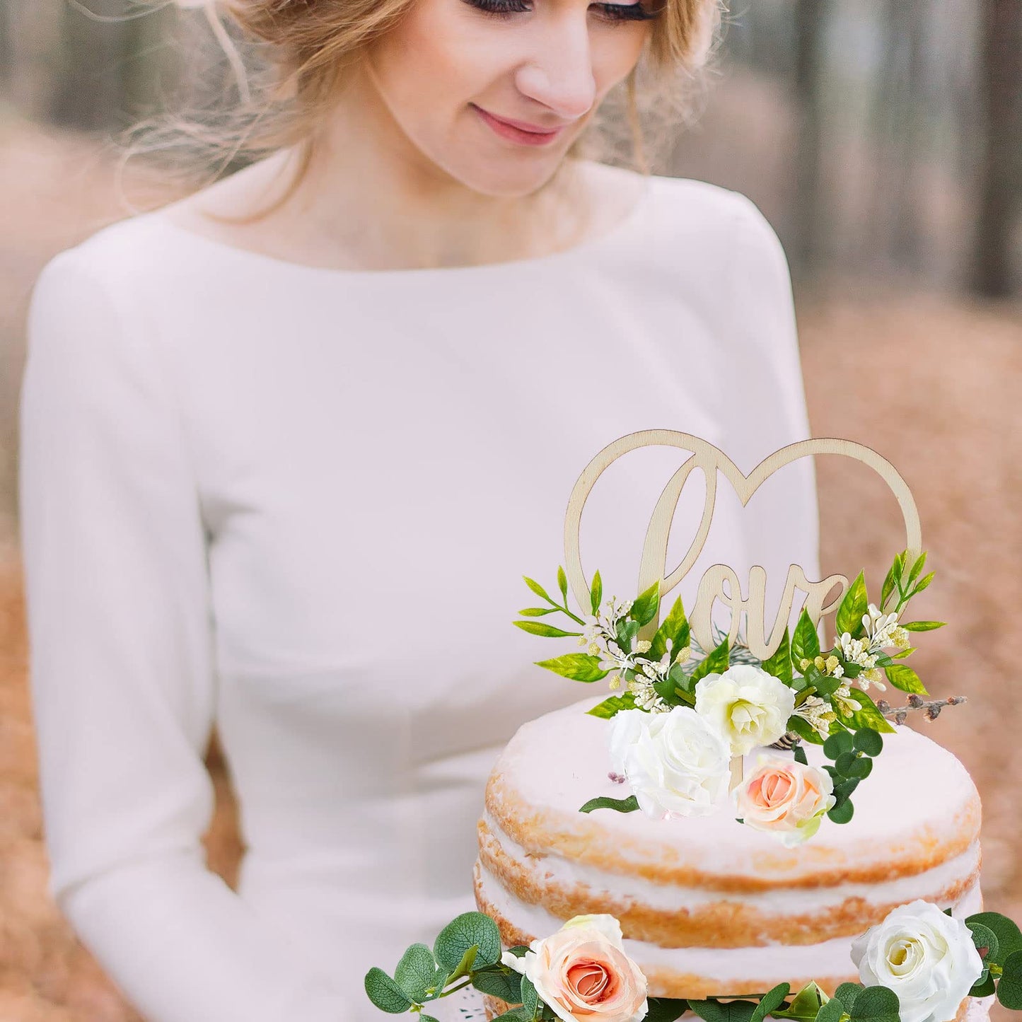 Juexica Wedding Cake Topper Set, Rustic Heart Shaped, 7x3, Wood, White/Champagne/Green, Includes 6 Pcs for Bridal Shower/Engagement