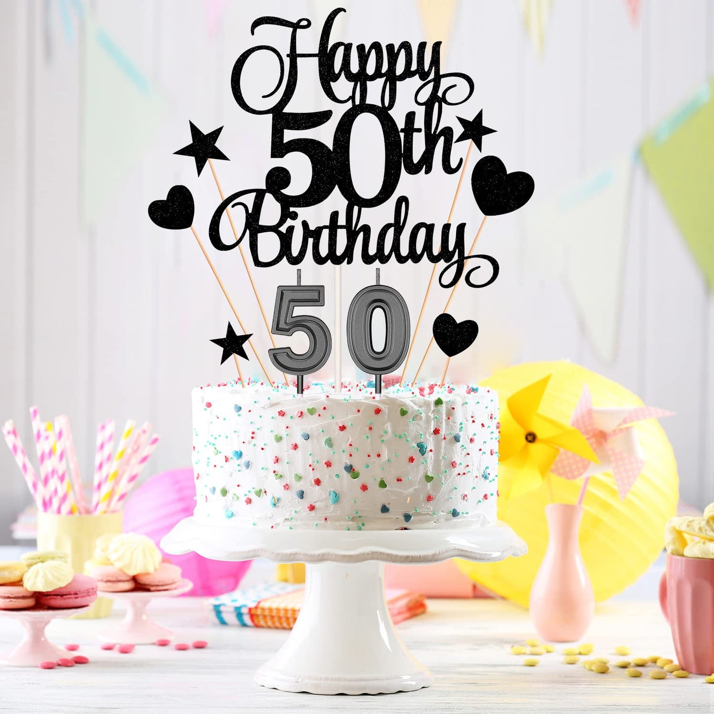 HOGRTi 50th Birthday Cake Decorations Set, Candles & Toppers, Paper, Black Series