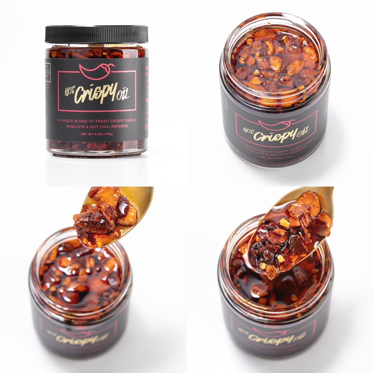 Hot Crispy Oil, An all natural unique blend of fresh fried shallots, fresh garlic and a proprietary blend of three different chi