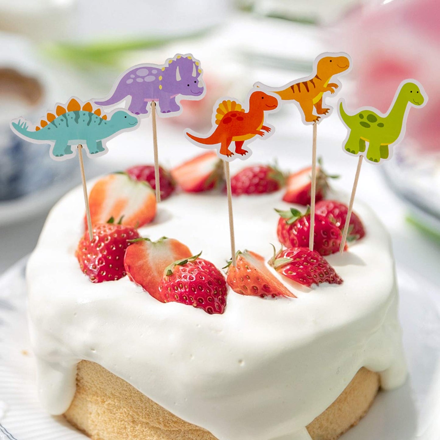 YEKTFS Dinosaur Cupcake Toppers - 50Pcs Paper Picks for Baby Shower Party Decoration - Blue, Green, Yellow, Orange, Purple - Model A-003