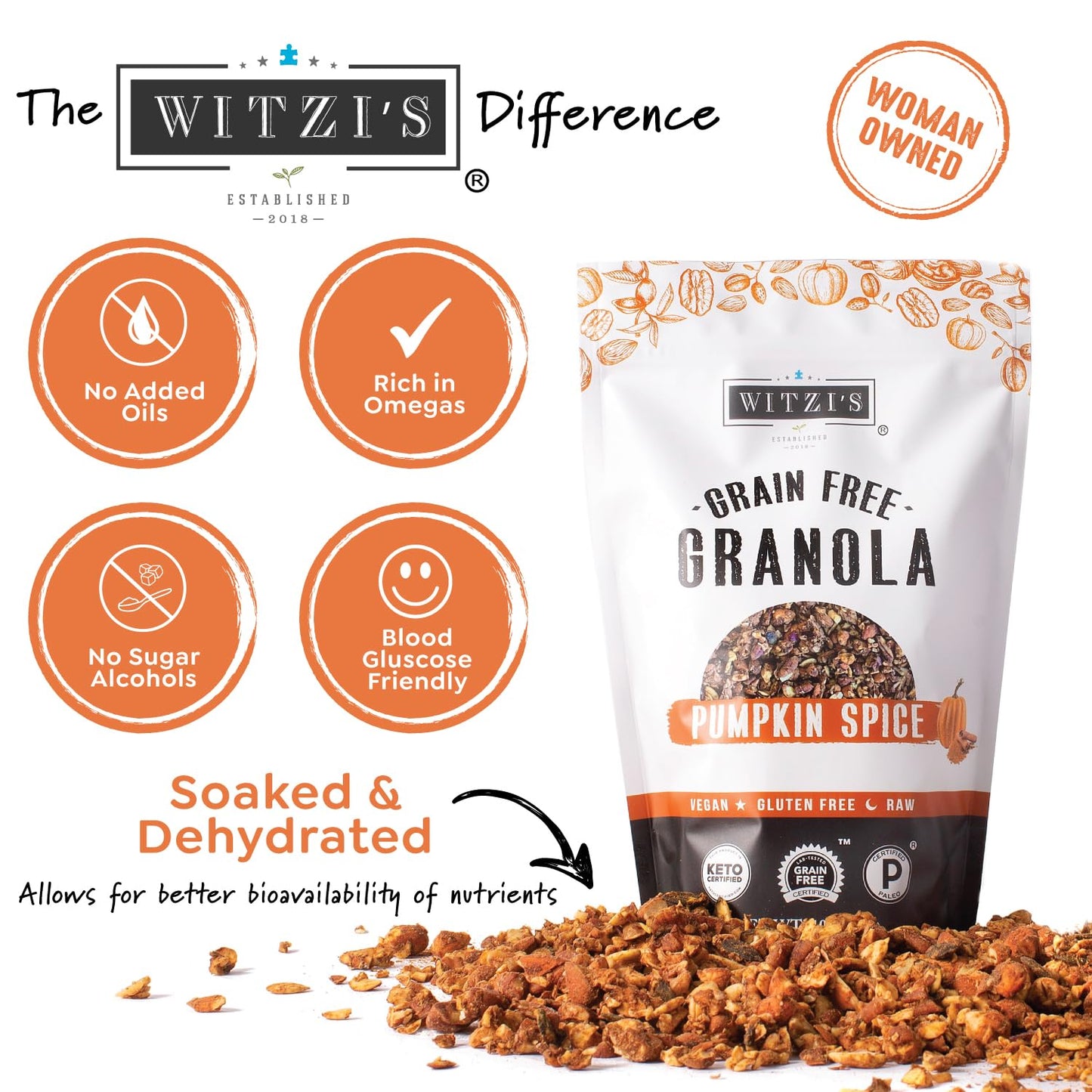 Witzi'S Grain Free Granola, Pumpkin Spice, 5Oz (Pack Of 3), Made With Almonds, Pumpkin & Cinnamon, Vegan, Keto, Gluten Free, Hea