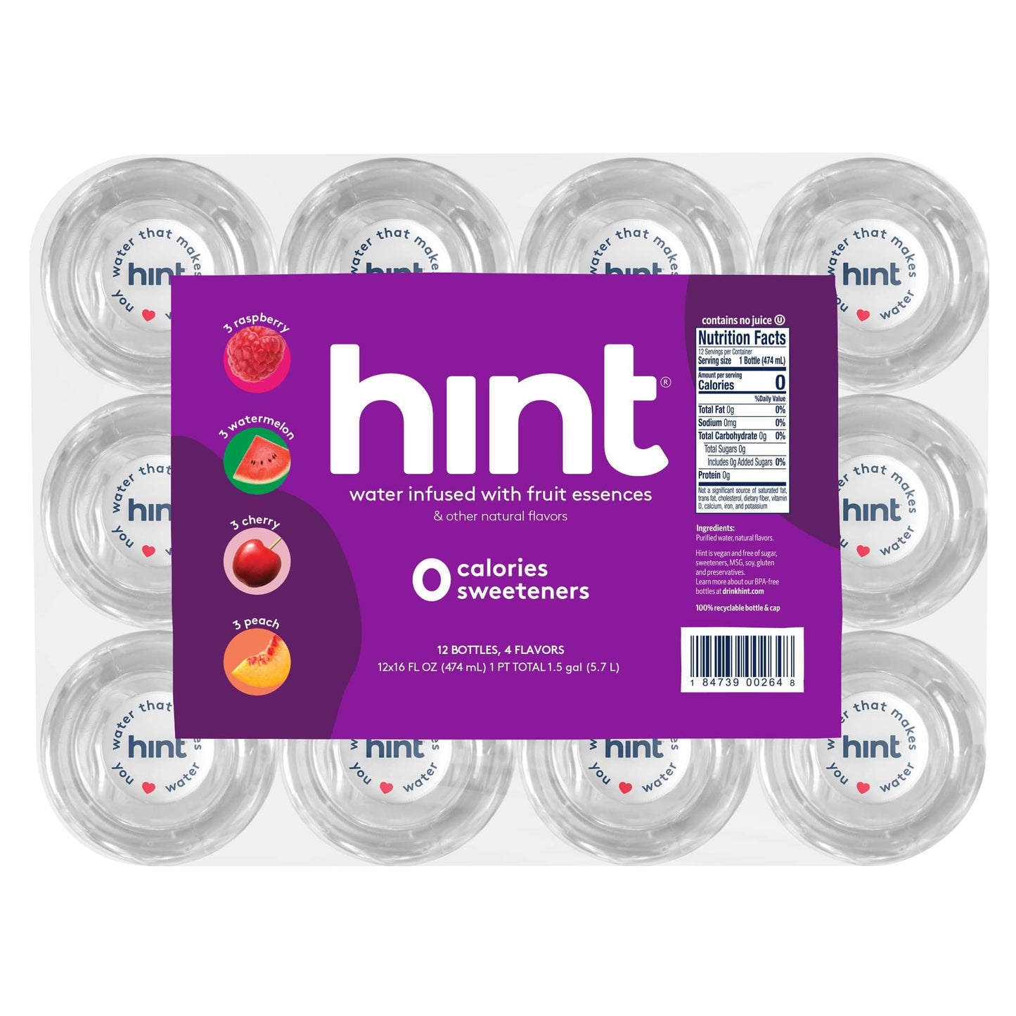 Hint Water Purple Variety Pack (Pack of 12), 16 Ounce Bottles, 3 Bottles Each of: Raspberry, Watermelon, Cherry, and Peach, Zero