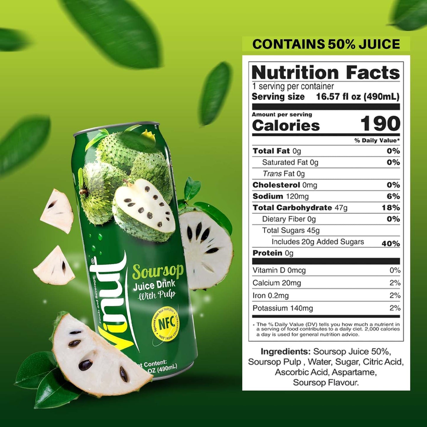 Vinut Soursop Juice Guanabana Juice With Pulp (16.57 Fl Oz, Pack 12), Real Guanabana Soursop Graviola Drink, Fresh, Non Gmo, Not