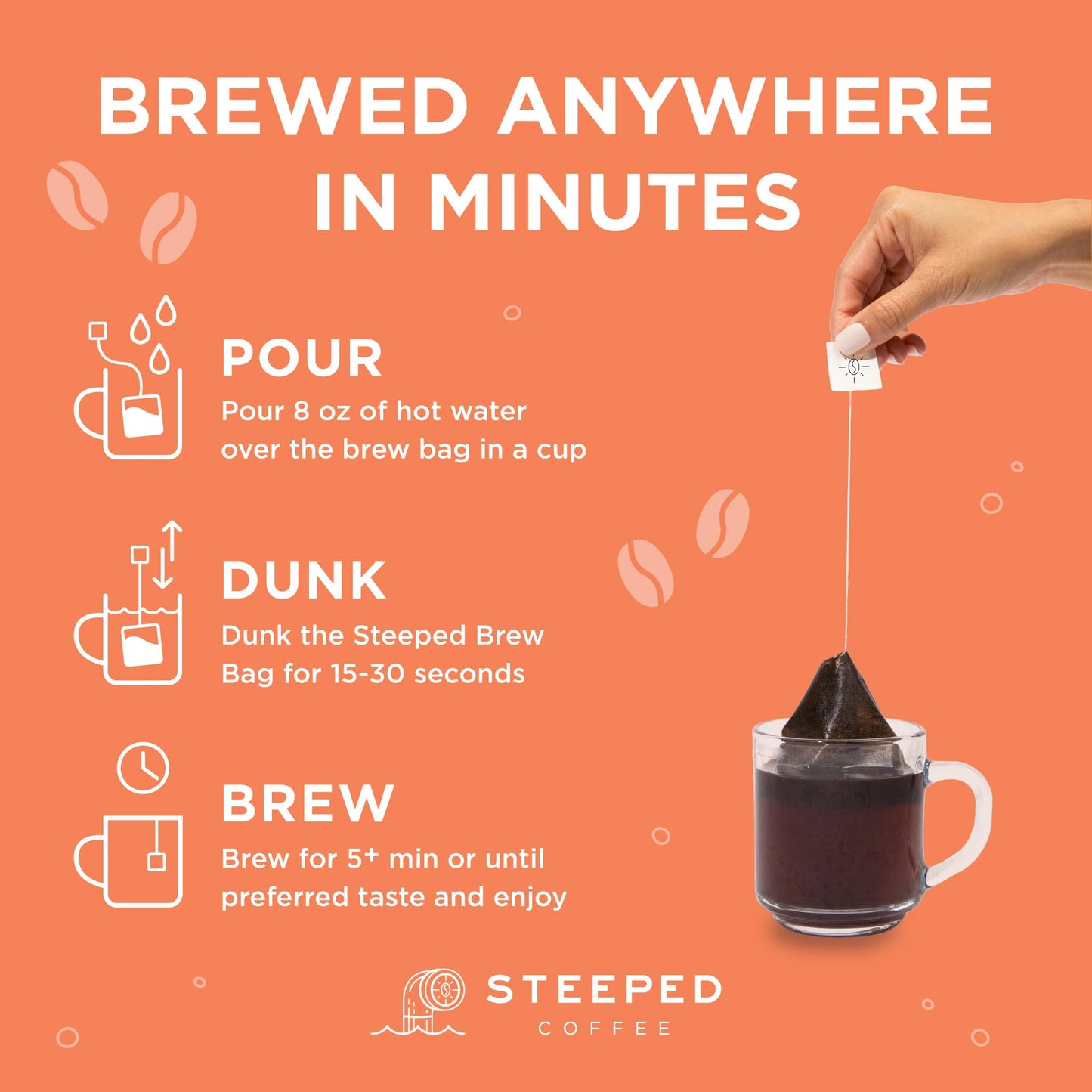 Steeped Coffee Tea Bags - Single Serve Coffee Pouches - Eco-Friendly, Hand Roasted & Freshly Ground - Brewed In Minutes, Just Ad