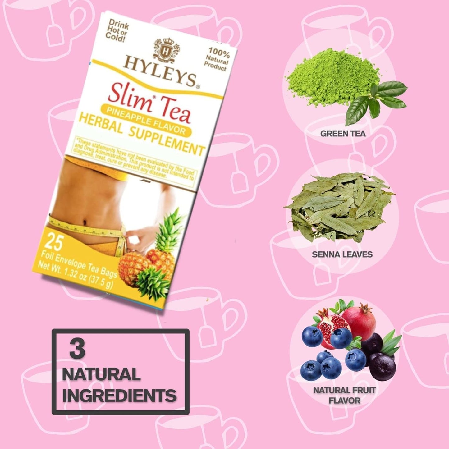 HYLEYS Tea Slim Tea Pineapple Flavor - Herbal dietary product, 25 Tea Bags (12 Pack)