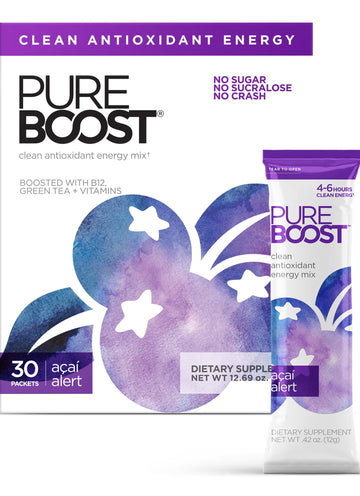 Pureboost Clean Energy Drink Mix - Sugar-Free, B12, Electrolytes, 30 Count, Acai Alert