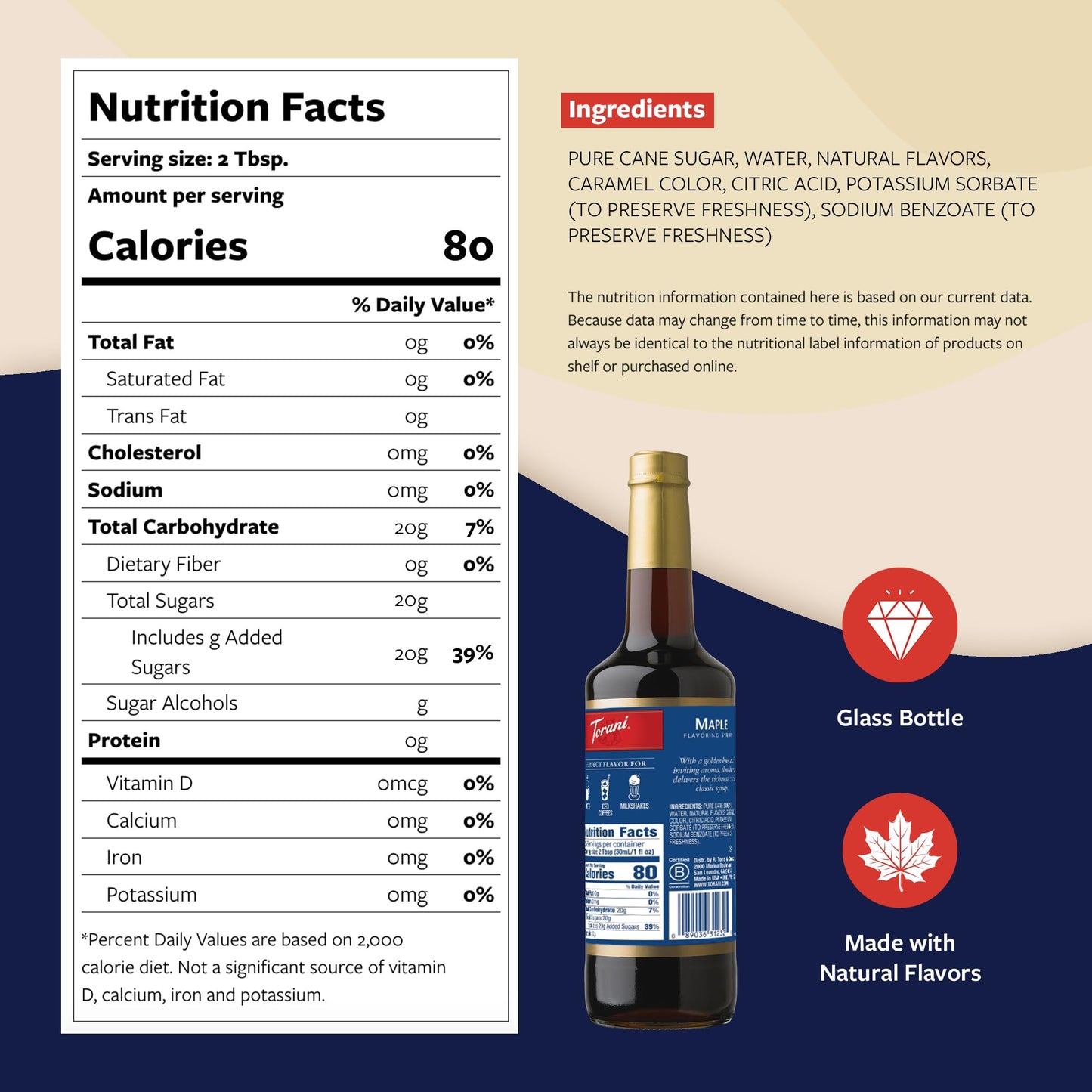 Torani Coffee Syrup, Maple Flavoring For Drinks, Glass Bottle With Pump Included, 25.4 Fl Oz