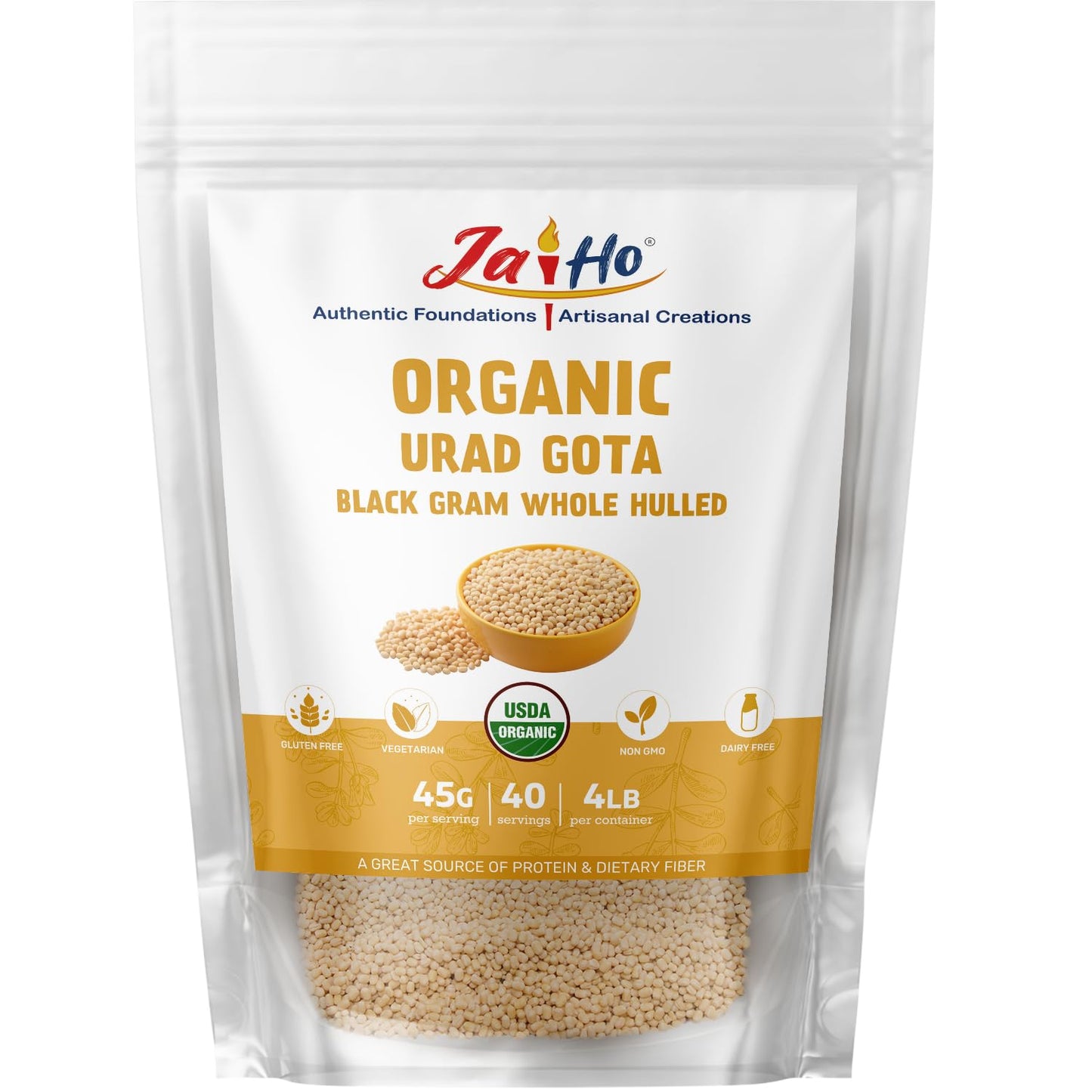 Jai Ho Certified Organic Urad Gota Black Gram Whole Hulled 4 lb | Black Gram Whole Hulled | Indian Urad Gota | USDA Organic | No