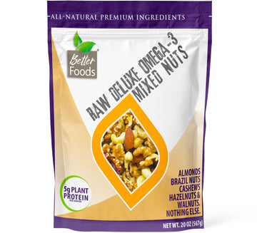 Betterfoods Raw Unsalted Mixed Nuts | Raw Mixed Nuts Unsalted | 641Mg Ala Omega-3 Per Serving, Premium Almonds, Cashews, Brazil Nut, Hazelnut & Walnut & Blend | Unprocessed Natural Sodium Free, 20Oz