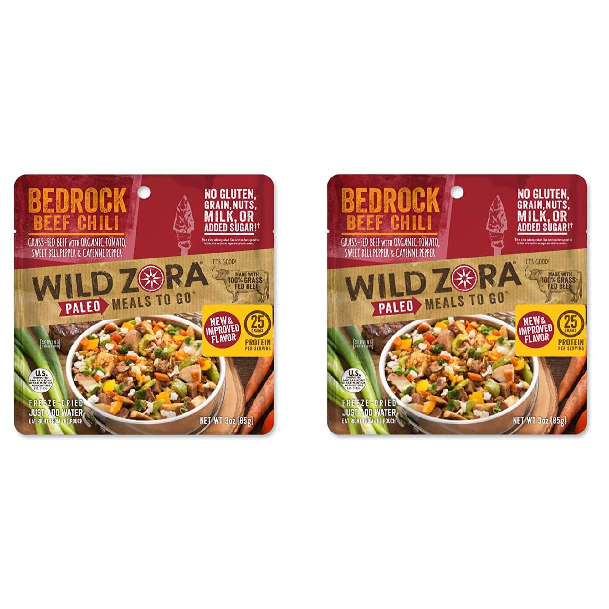 Wild Zora Paleo Freeze Dried Meals for Backpacking & Camping - Healthy Gluten Free & Grain Free Camping Meals/Backpacking Food + No Added Sugar - Great for Travel (Bedrock Beef Chili 2-pack)