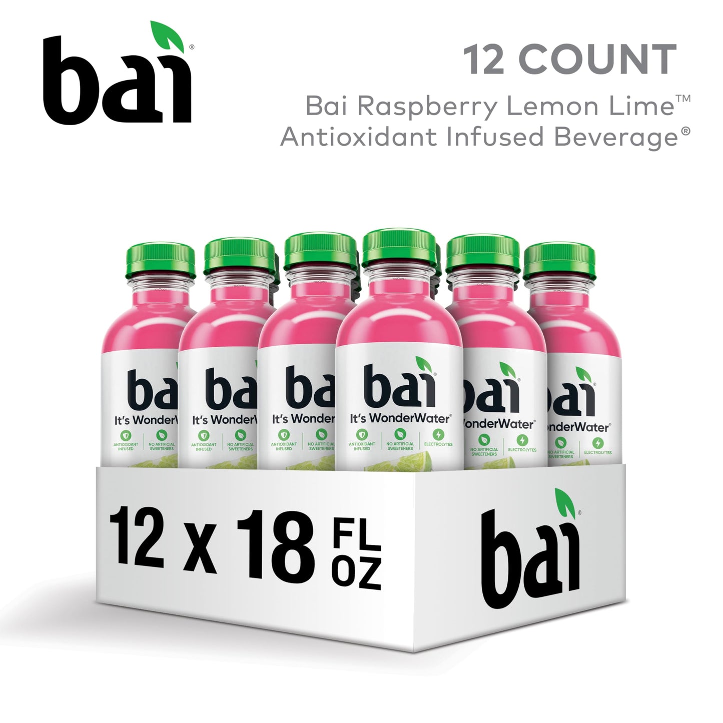 Bai Antioxidant Water Beverage, Raspberry Lemon Lime, Vitamin C, 18 Fl Oz Bottle, 12 Pack - No Artificial Sweeteners