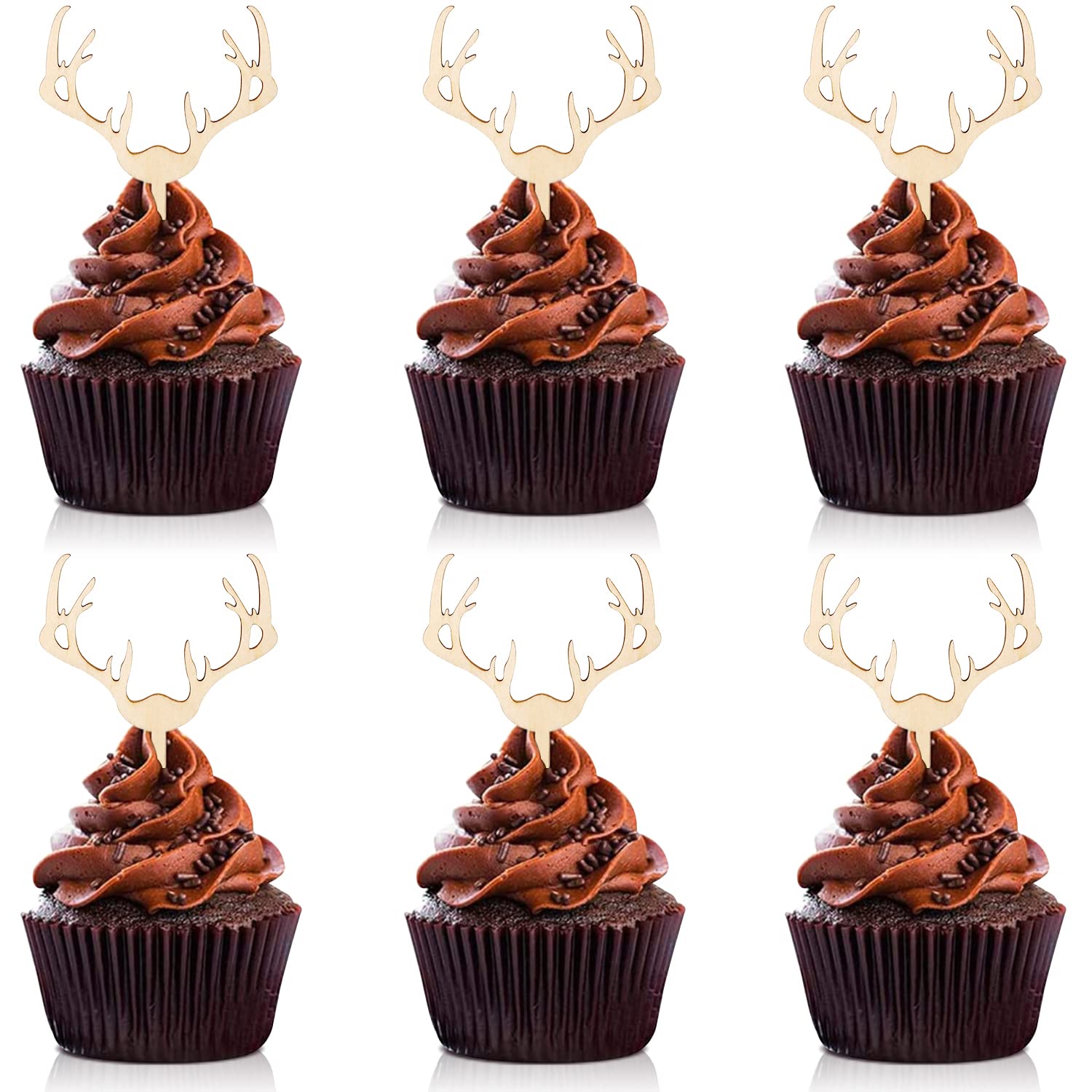 Huray Rayho Wooden Antler Cupcake Toppers, Ivory, 24 Count, Baby Shower, Wedding, Rustic Party Supplies