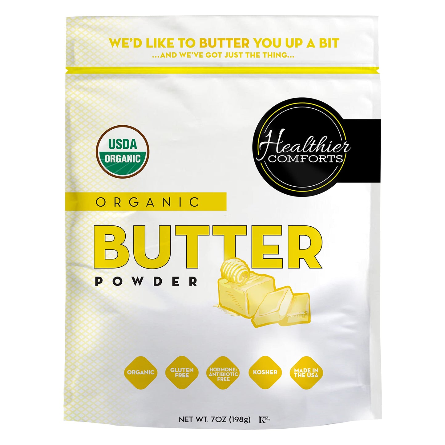 Healthier Comforts Organic Butter Powder | USDA Certified Organic Dehydrated Unsalted Butter | Kosher, Gluten Free, Non-GMO | Po