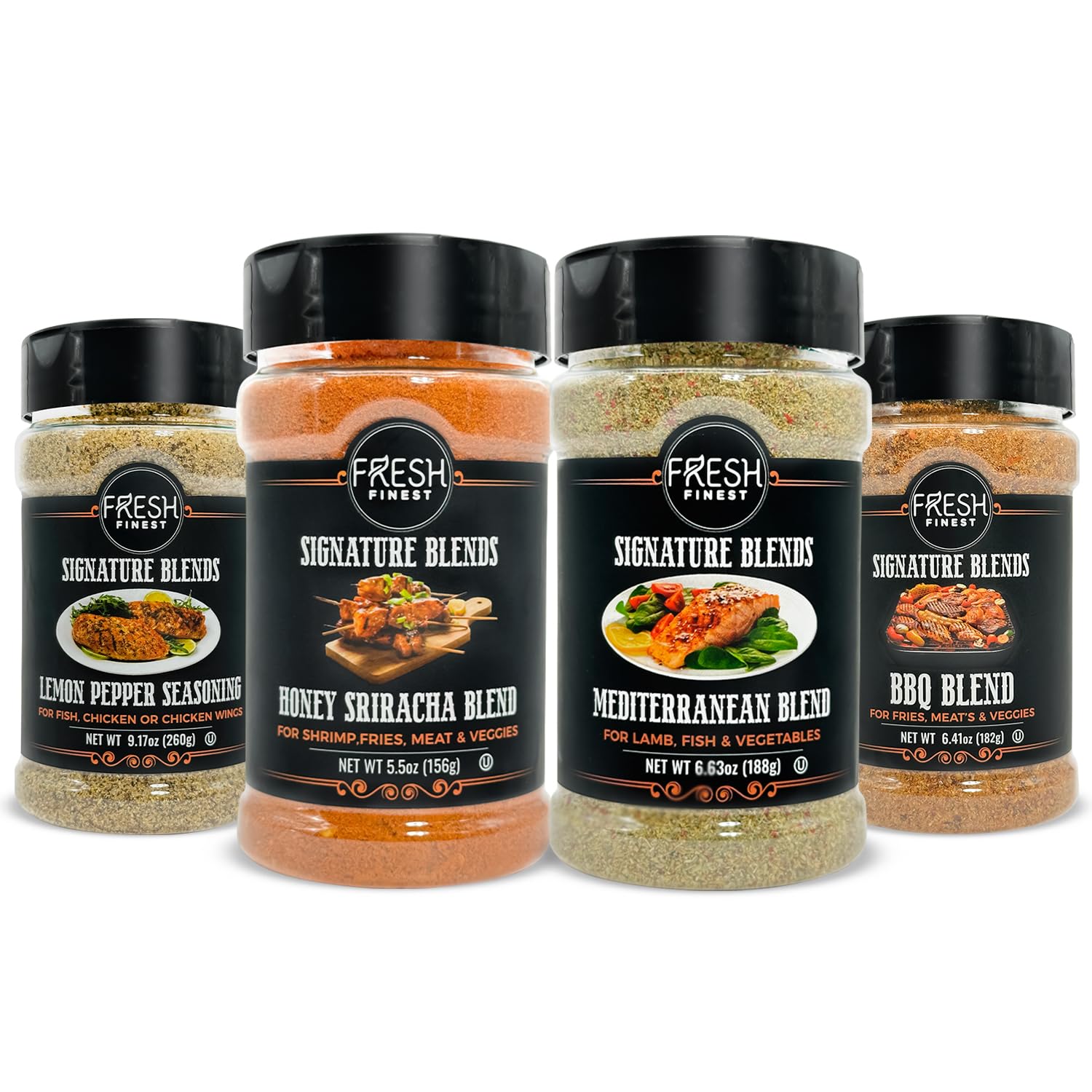 Fresh Finest Seasoning Gift Set - Honey Sriracha  Mediterranean  Bbq Blend  Lemon Pepper - Kosher  Gluten-Free  Non-Gmo - Perfect For Bold And Flavorful Meals  Grilling  And Spicy Food Lovers (4-Pack)