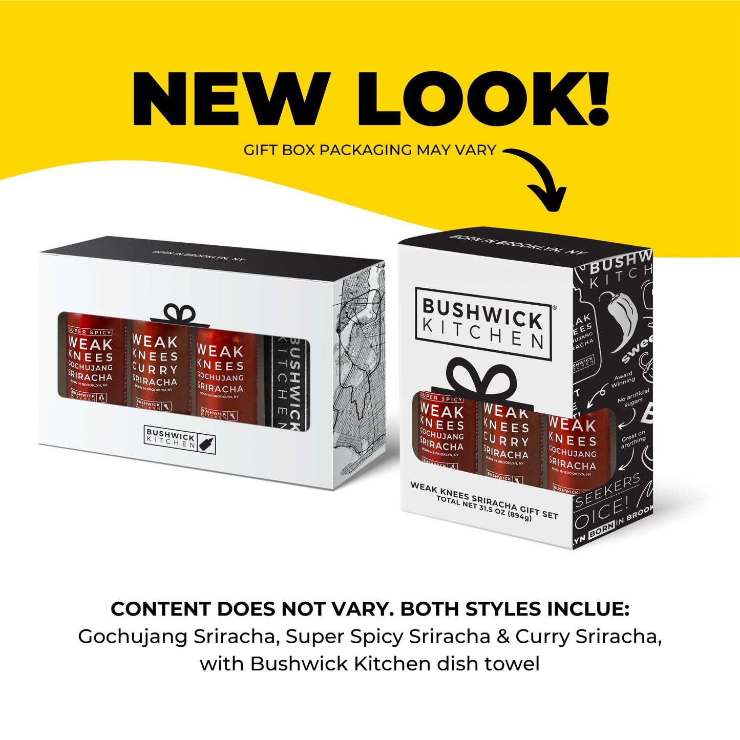 Bushwick Kitchen Sriracha Sampler Gift Box, Set Includes Gochujang Sriracha, Super Spicy Gochujang Sriracha, Curry Sriracha Hot
