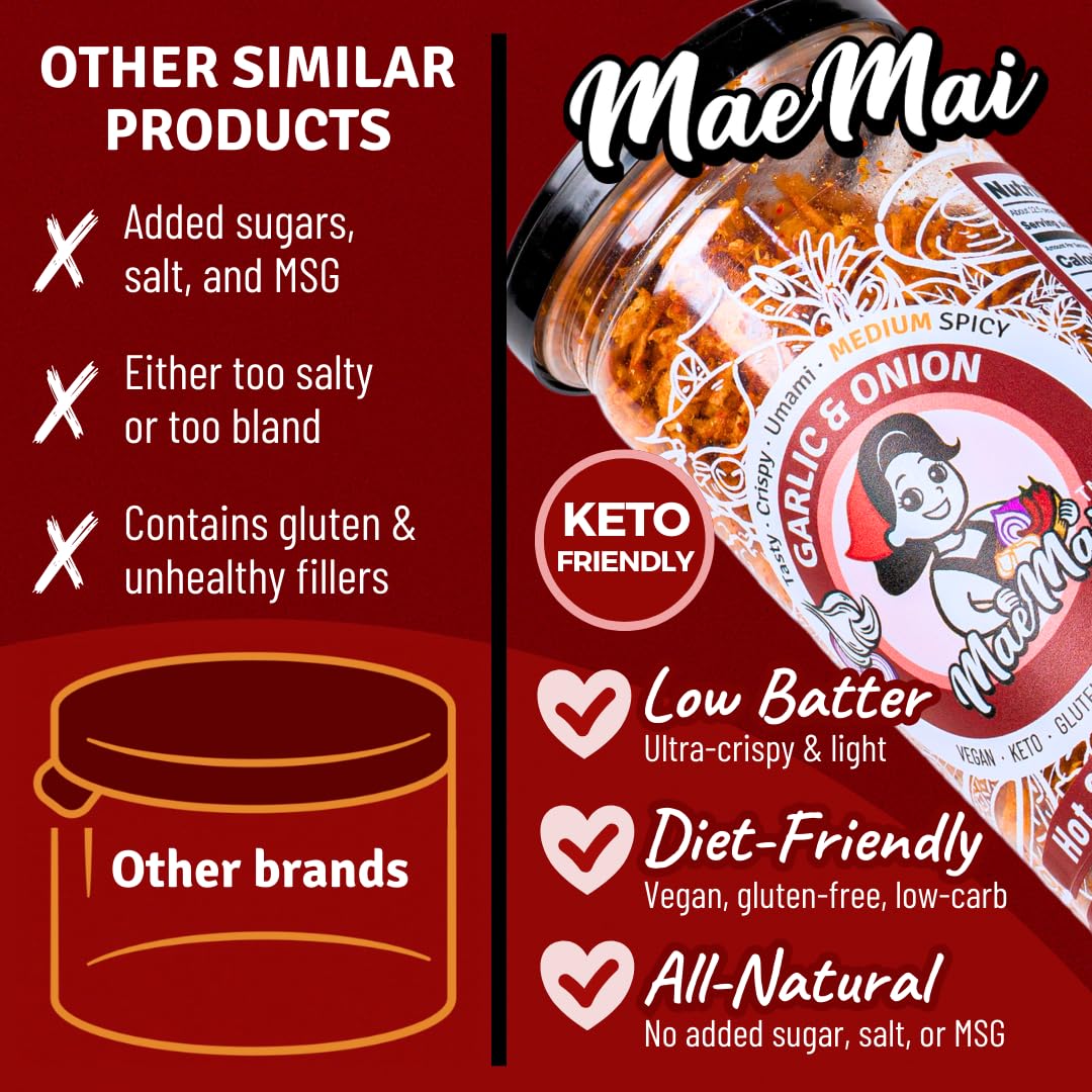 MaeMai Chili Crisp - Medium Hot Spice Crunchy Onion & Garlic Flakes, All-Purpose Seasoning, 5.47 oz Resealable Bottle