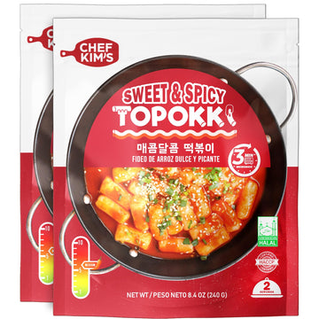 Chef Kims Sweet & Spicy Topokki - Iconic Korean Food Snack, Instant Tteokbokki Rice Cakes in a Savory Gochujang Sauce, Ready-to-