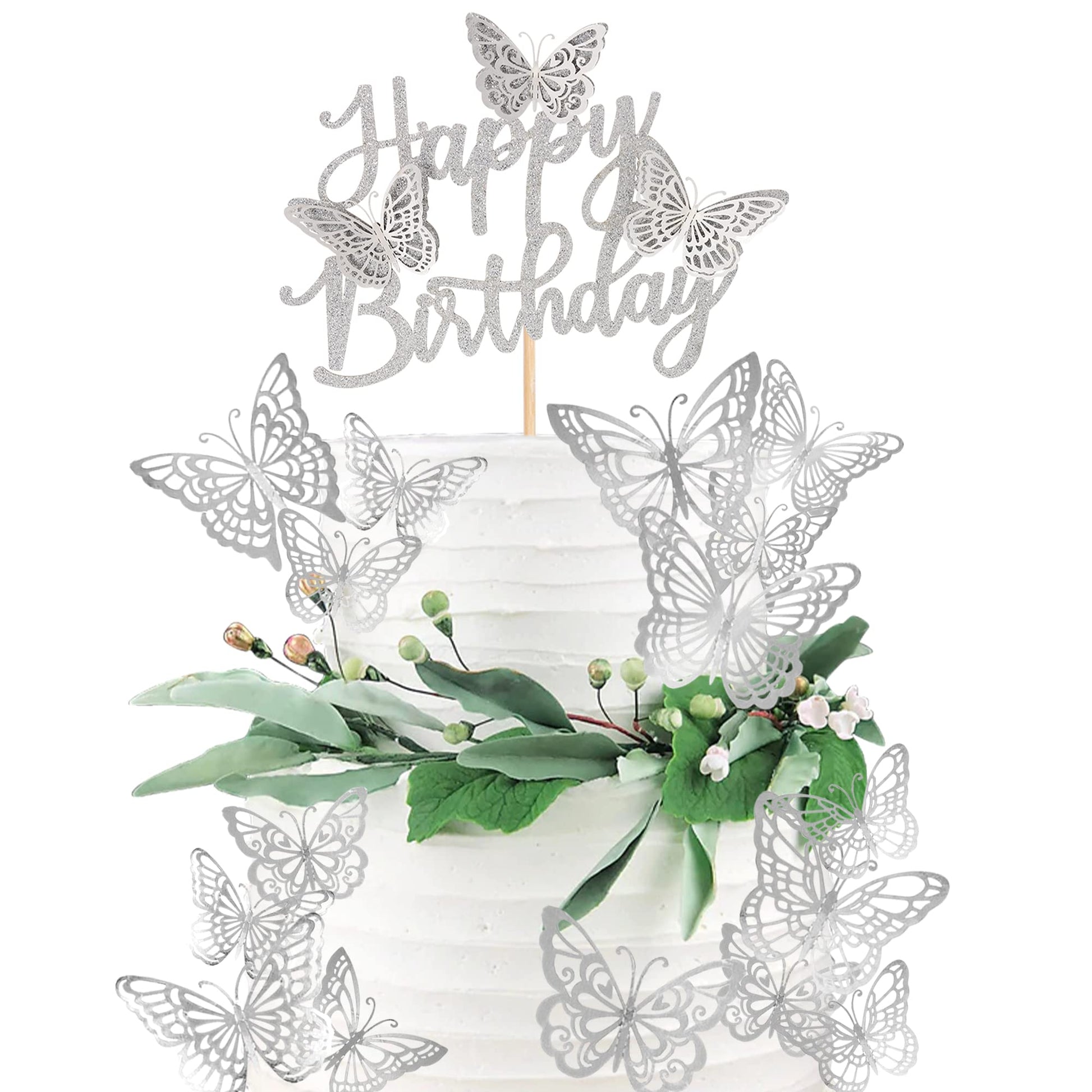 Rsstarxi 25 Pack Butterfly Cake Toppers, Glitter 3D, Happy Birthday Topper, Silver, Model XM266-silver