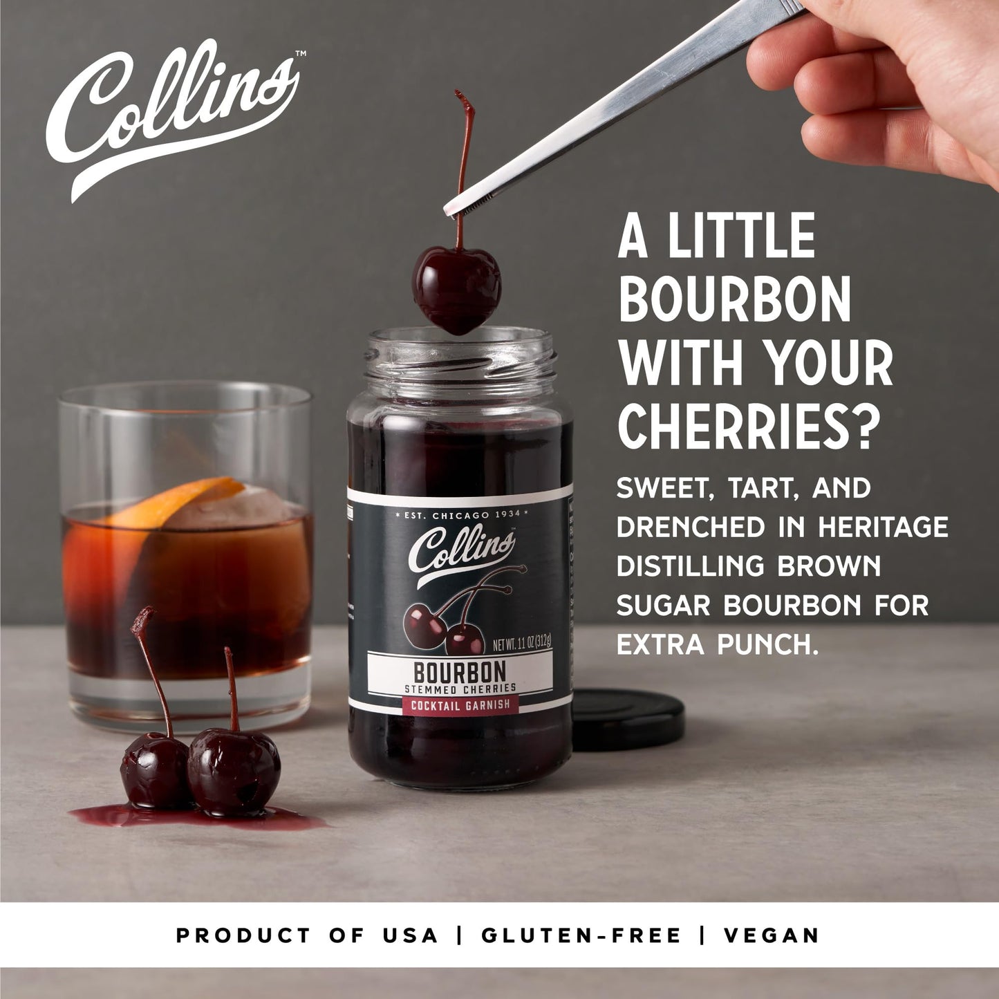 Collins spirit-inspired flavor Cocktail Cherries - Drinks Garnish for Cocktails, 11 Ounce Glass Jar, Black, Model 9044