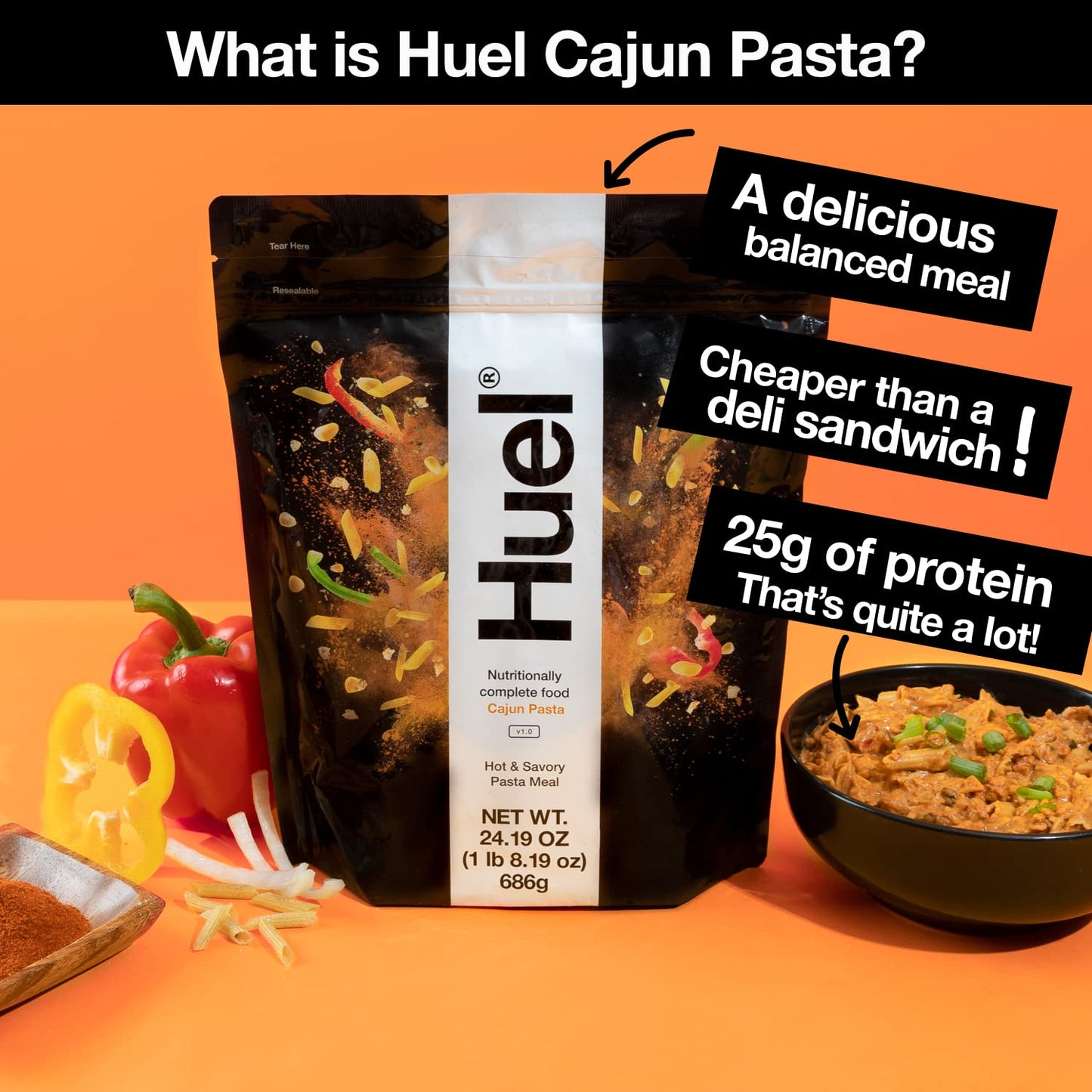 Huel Instant Meal Replacement - Cajun Pasta, 24.19 oz, 100% Nutritionally Complete, 25g Protein, 6g Fiber, 27 Vitamins & Minerals