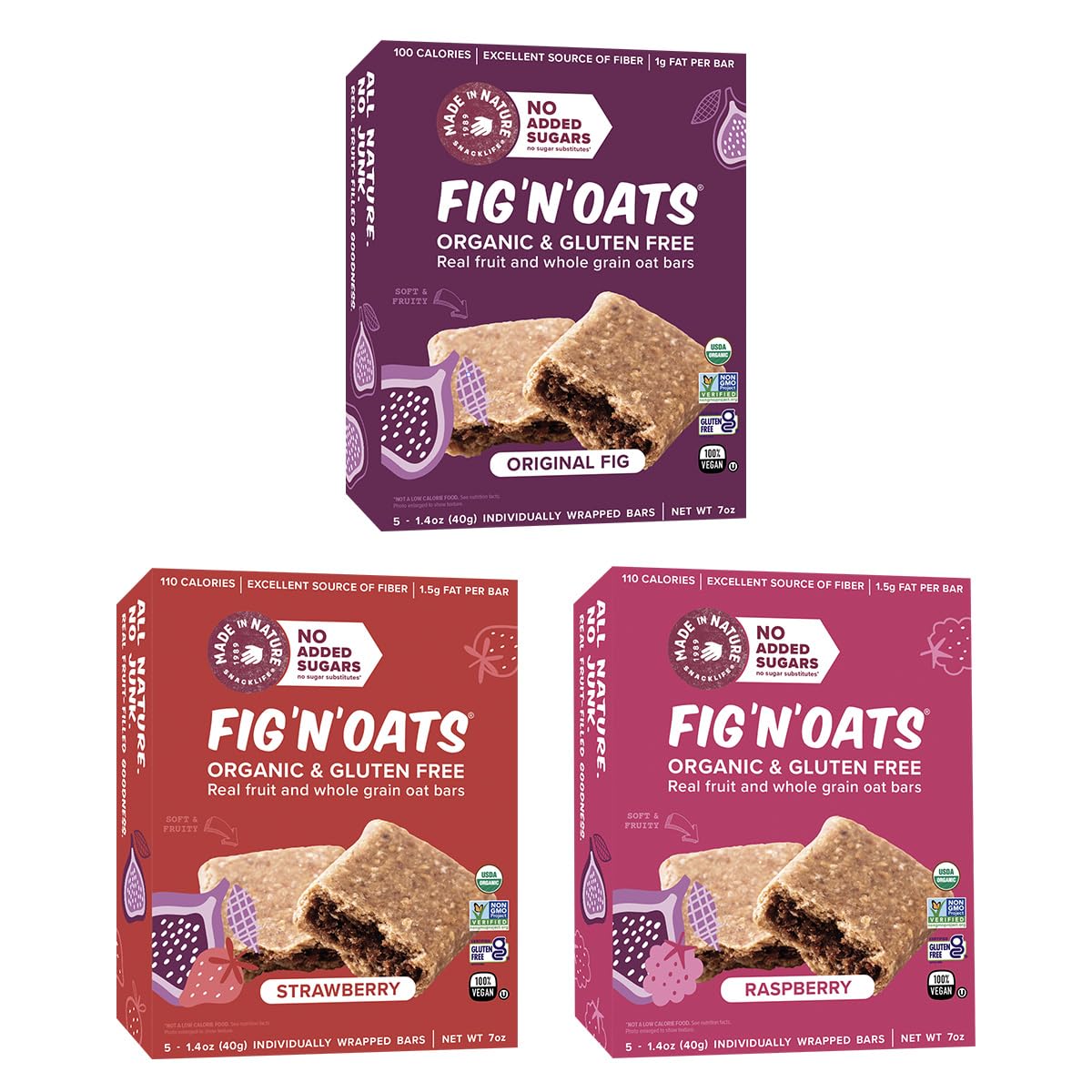Made in Nature Organic Fig N Oat Bars, 1.4 Ounce 5 Count (3 Pack) - Original Fig, Raspberry, and Strawberry, Organic, Non-GMO, N