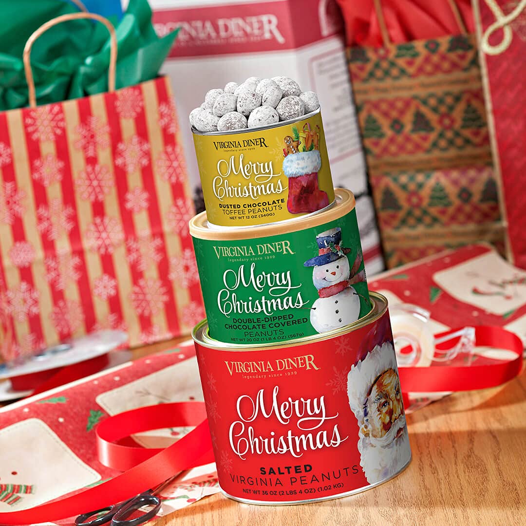 Virginia Diner Merry Christmas Tree-O Gift Set (Dusted Chocolate Toffee Peanuts 12Oz, Double Dipped Milk Chocolate 20Oz, Salted Virgnia Peanuts 36Oz)