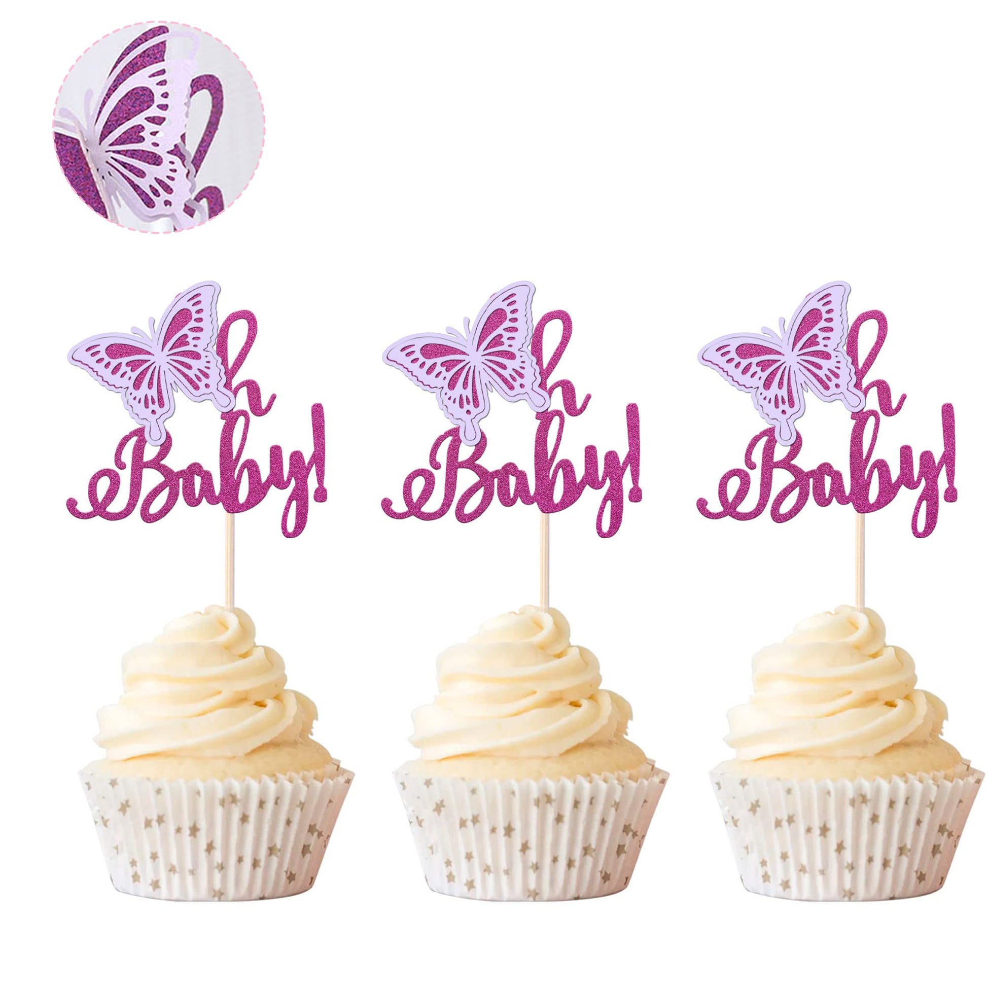 Rsstarxi 24Pcs Butterfly Cupcake Toppers  Purple Glitter 3D Picks For Baby Shower  Gender Reveal  Kids Birthday Party Decorations