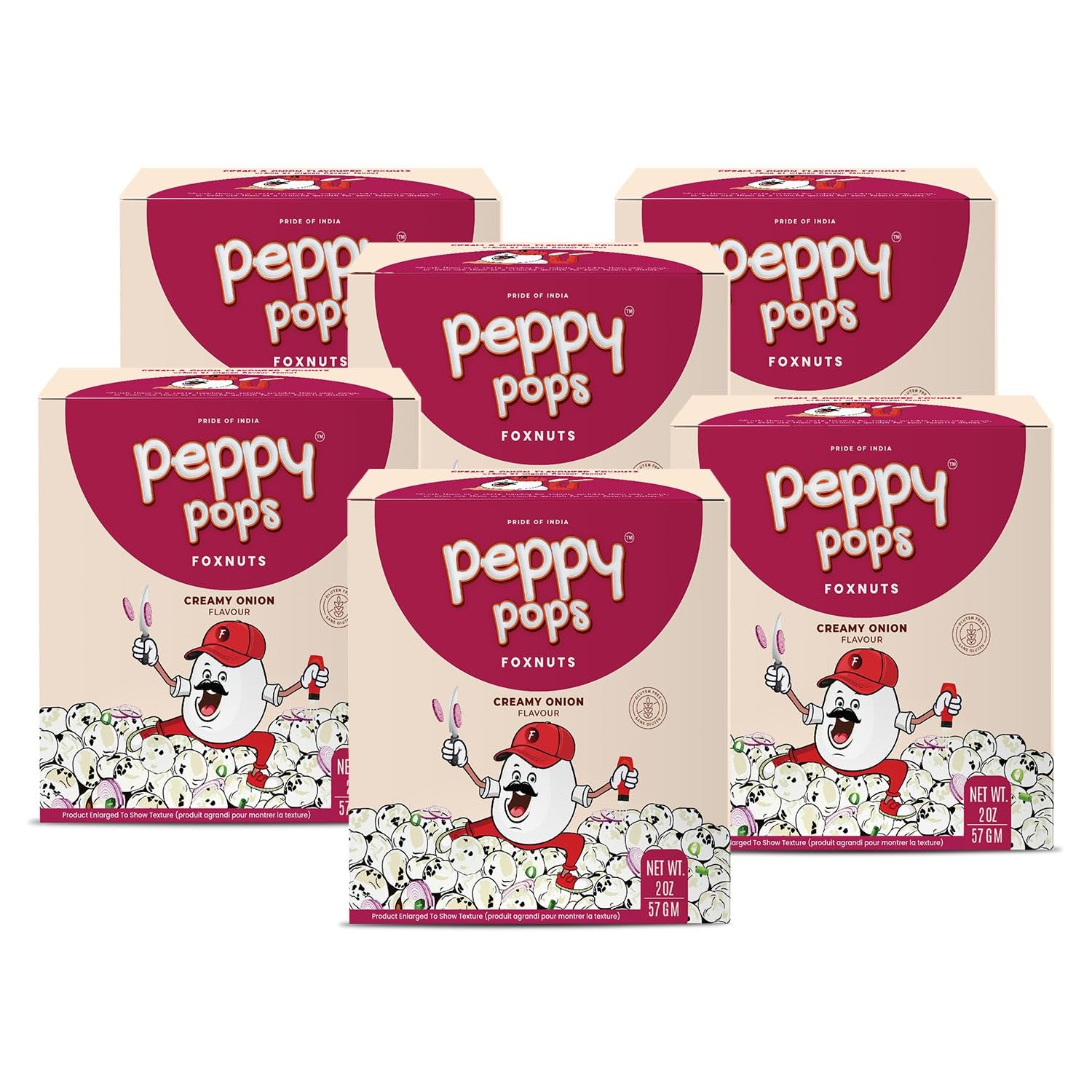 Peppy Pops | Pack Of 6  Creamy Onion Fox Nuts 2 Oz (57 Gm) - Roasted Makhana Snack - Crunchy Gluten-Free Foxnuts - Healthy Snacks Low Calorie  High Protein Indian Snack-Kids & 18+ Use Friendly By Pride Of India