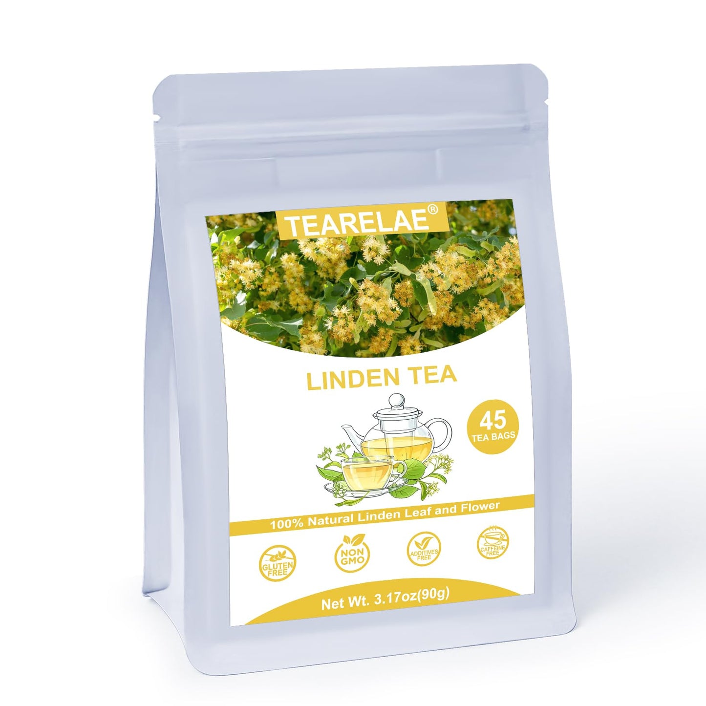 Tearelae - Linden Tea Bags  45 Count - Top-Grade Natural Linden Flower & Leaf - Cut & Sifted Te De Tilo - Energy Blend-Free - Non-Gmo - Soothing Herbal Tea For Evening Relaxation