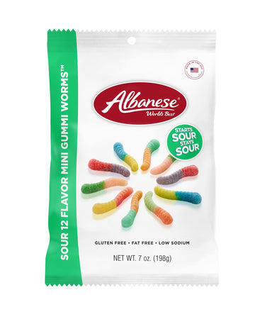 Albanese World's Best Sour 12 Flavor Mini Gummi Worms, 7oz Bag of Candy (Pack of 12), Individually Wrapped Soft & Chewy Candy Sn
