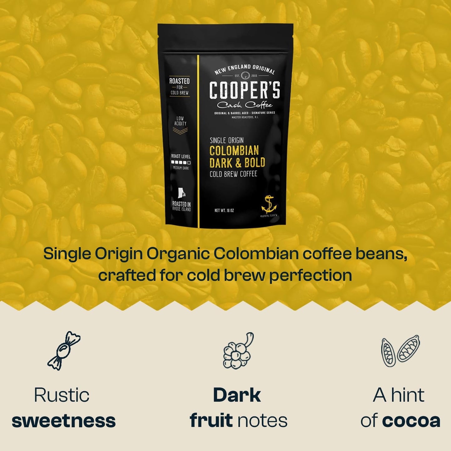 Colombian Dark Roast, Single Origin, Gourmet Organic Cold Brew Coffee Beans, Smooth Taste Of Cocoa With Light Fruited Flavors, C