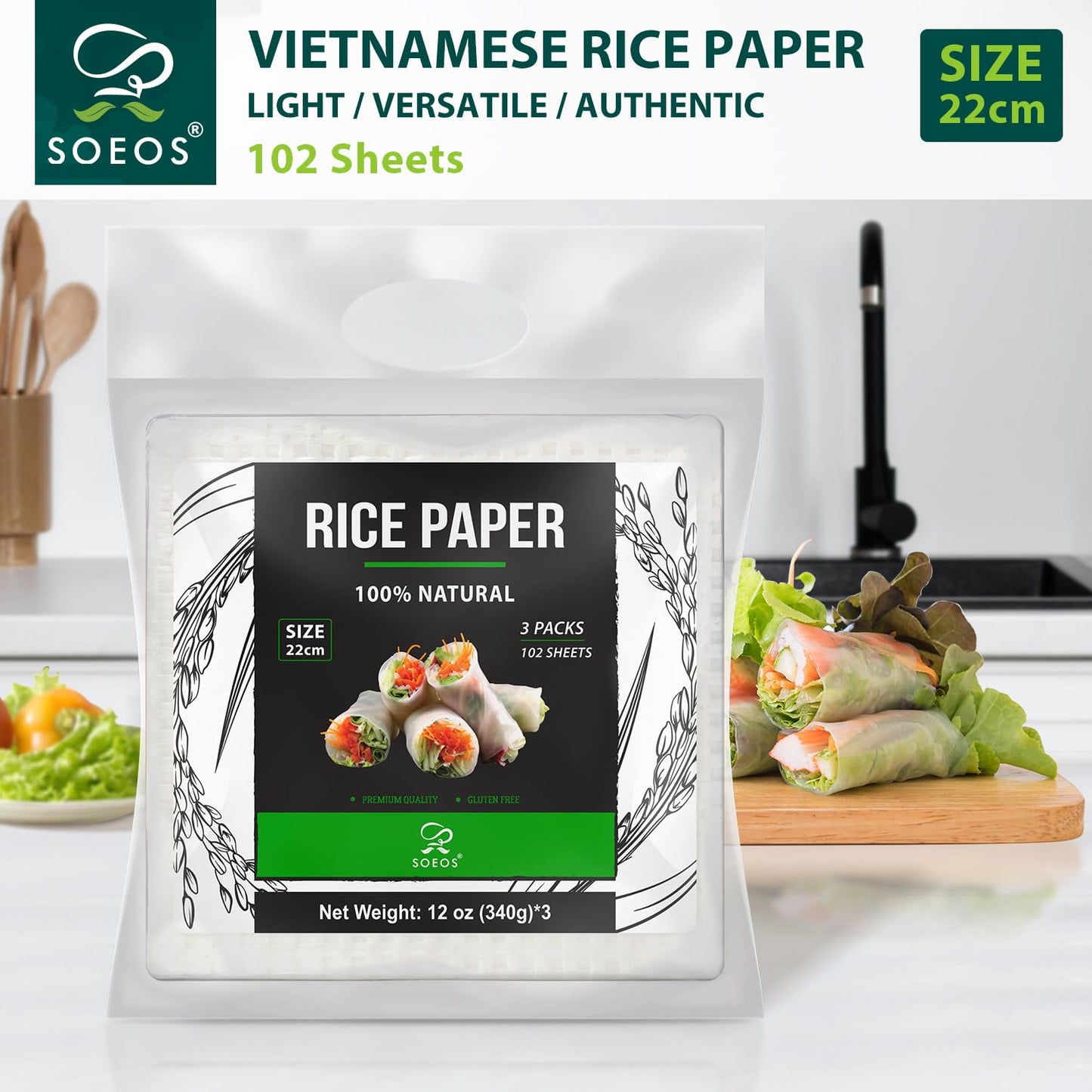 Soeos Rice Paper, White Rice Paper Wrappers, 3 Pack, 102 Sheets-Fresh Spring Roll Wrappers & Dumplings, Non-Gmo, Gluten-Free, Lo