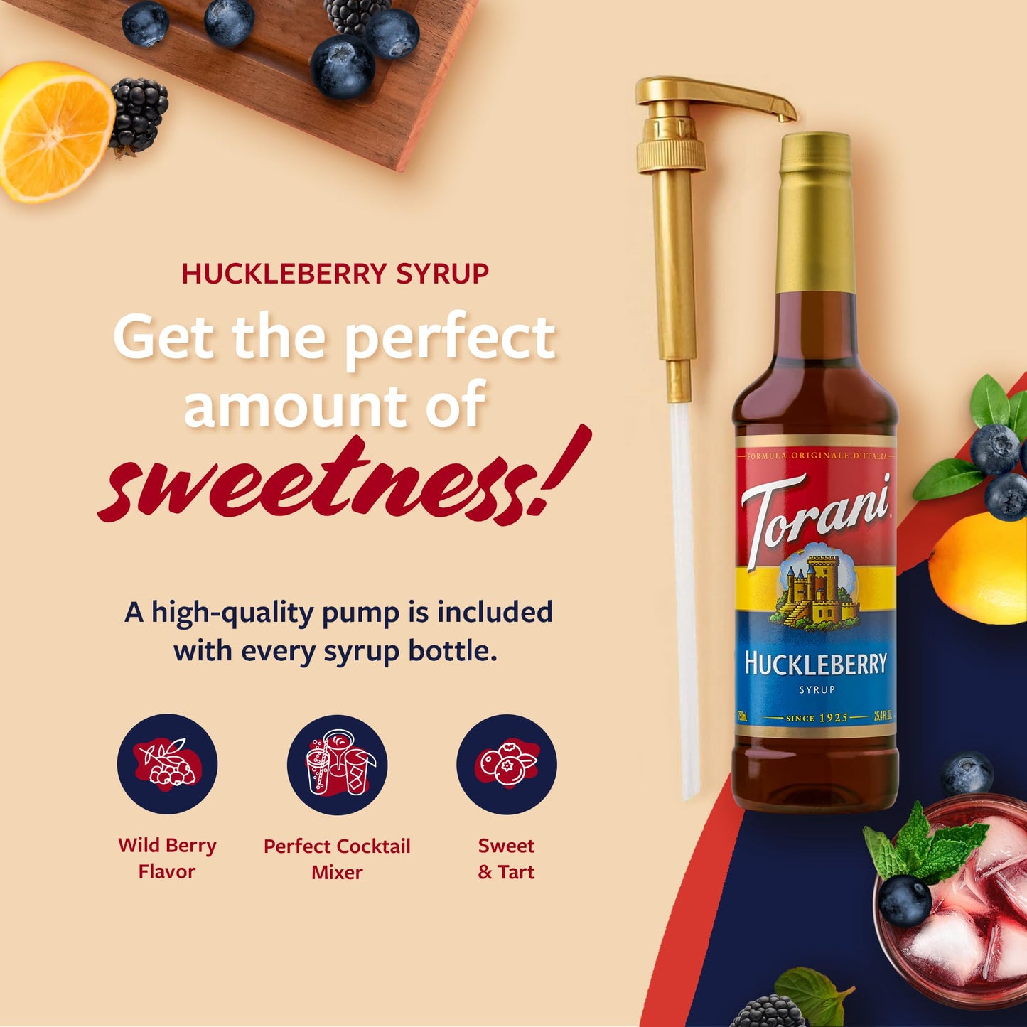 Torani Huckleberry Syrup for Drinks, 25.4 Fl Oz, Flavoring for Iced Tea, Lemonade, Sodas, and Cocktails, Pump Included