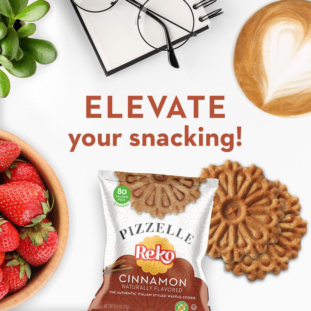 Reko Pizzelle Waffle Cookies - Cinnamon, Individually Wrapped Snack Packs, 5 Cookies per Pack, Box of 12 - No Artificial Flavors or Preservatives