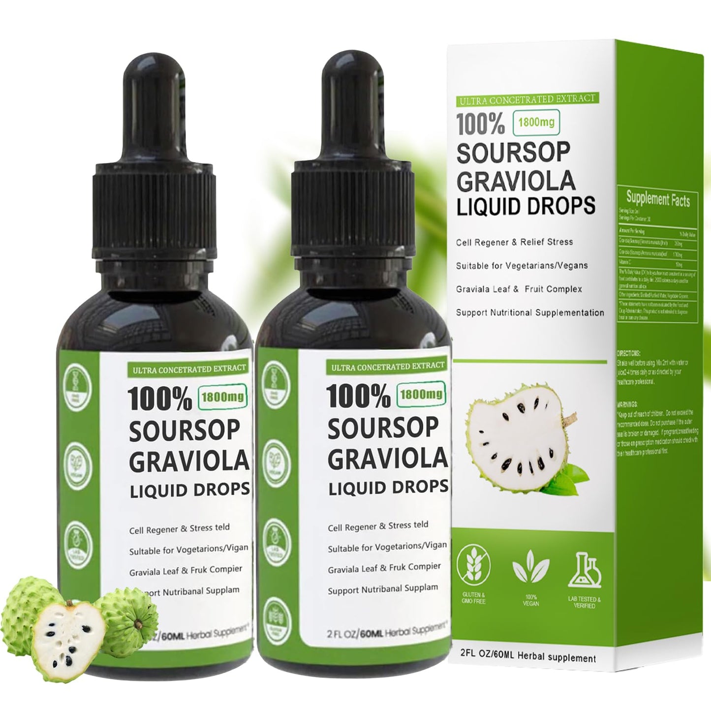 Soursop Graviola Liquid Drop  100% Organic Pure Soursop Leaves and Fruit Extract  Soursop Bitters Liquid  Soursop Extract Organic Pure 1800mg  Sugar/Gluten Free  Natural Flavor