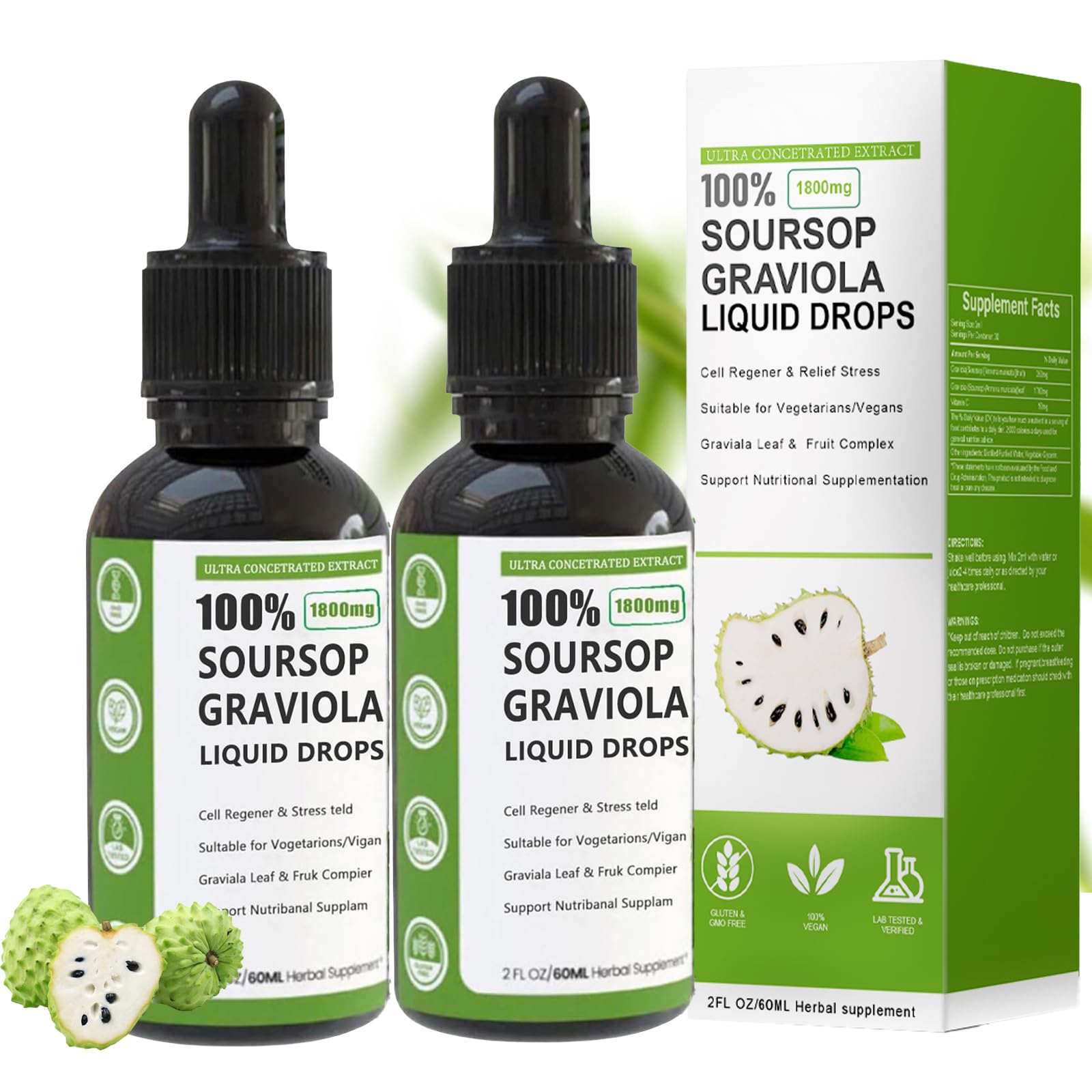 Soursop Graviola Liquid Drop  100% Organic Pure Soursop Leaves and Fruit Extract  Soursop Bitters Liquid  Soursop Extract Organic Pure 1800mg  Sugar/Gluten Free  Natural Flavor