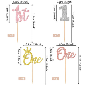 24 Pcs One Cupcake Toppers Glitter Crown One 1St Birthday Cupcake Picks Number 1 One Cake Picks For Baby Shower Kids First Birth